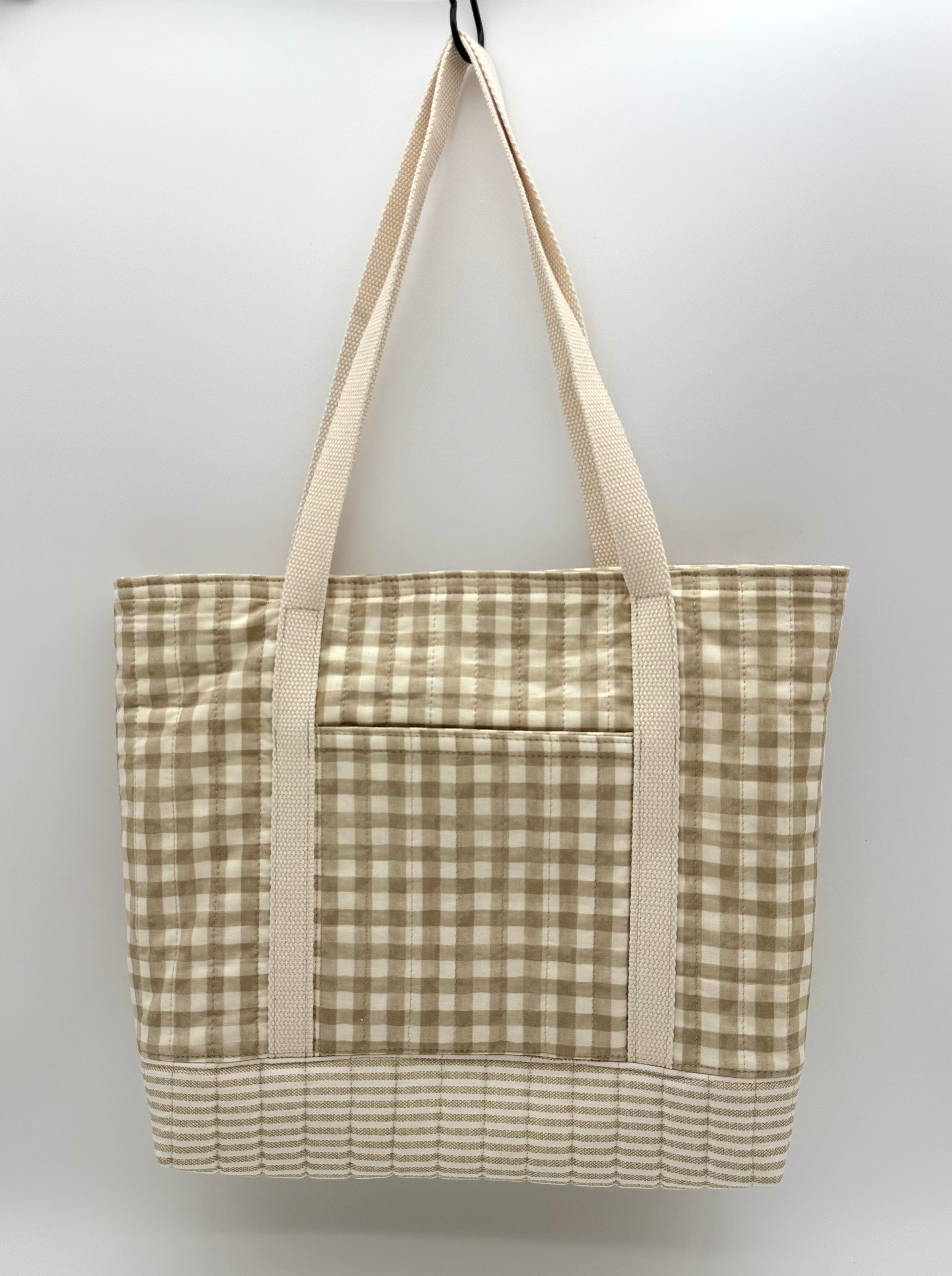 Handmade Gingham Tote Bag in Taupe & Cream with Quilted Bottom - C2 Creations LLC