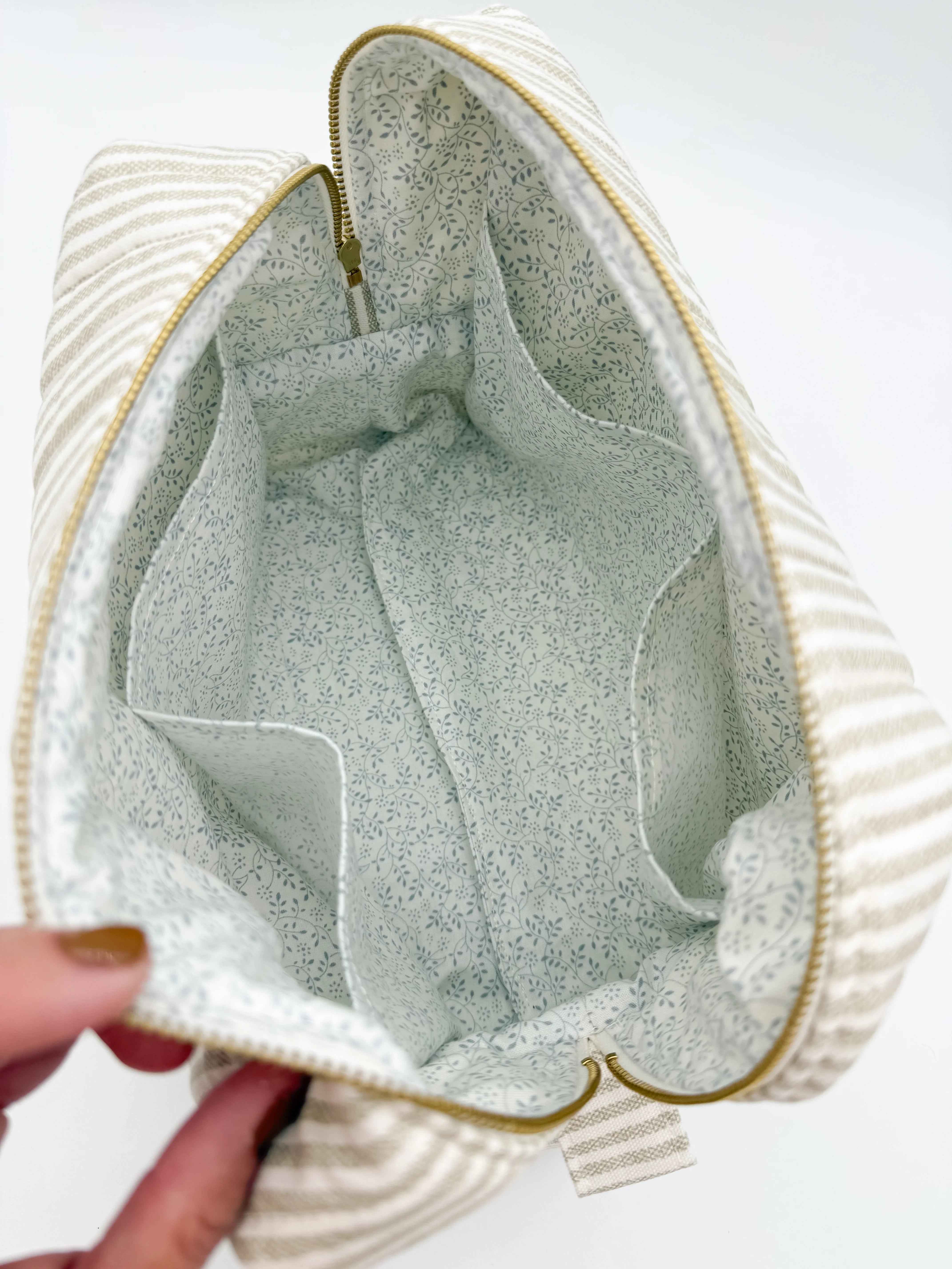 Handmade Makeup Bags - Boxy Toiletry & Makeup Bags in Taupe and Cream Ticking Stripe Pattern
