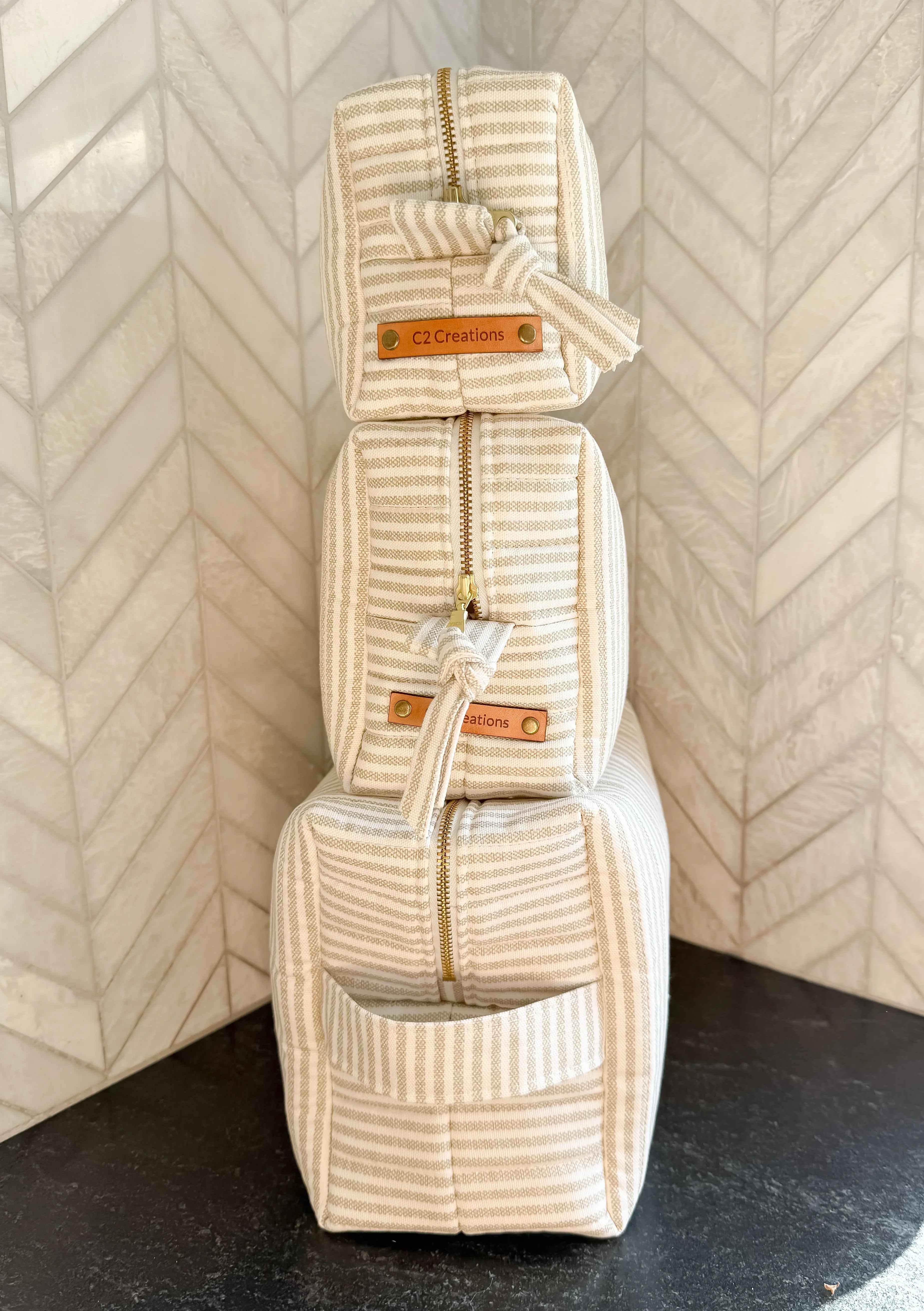 Handmade Makeup Bags - Boxy Toiletry & Makeup Bags in Taupe and Cream Ticking Stripe Pattern