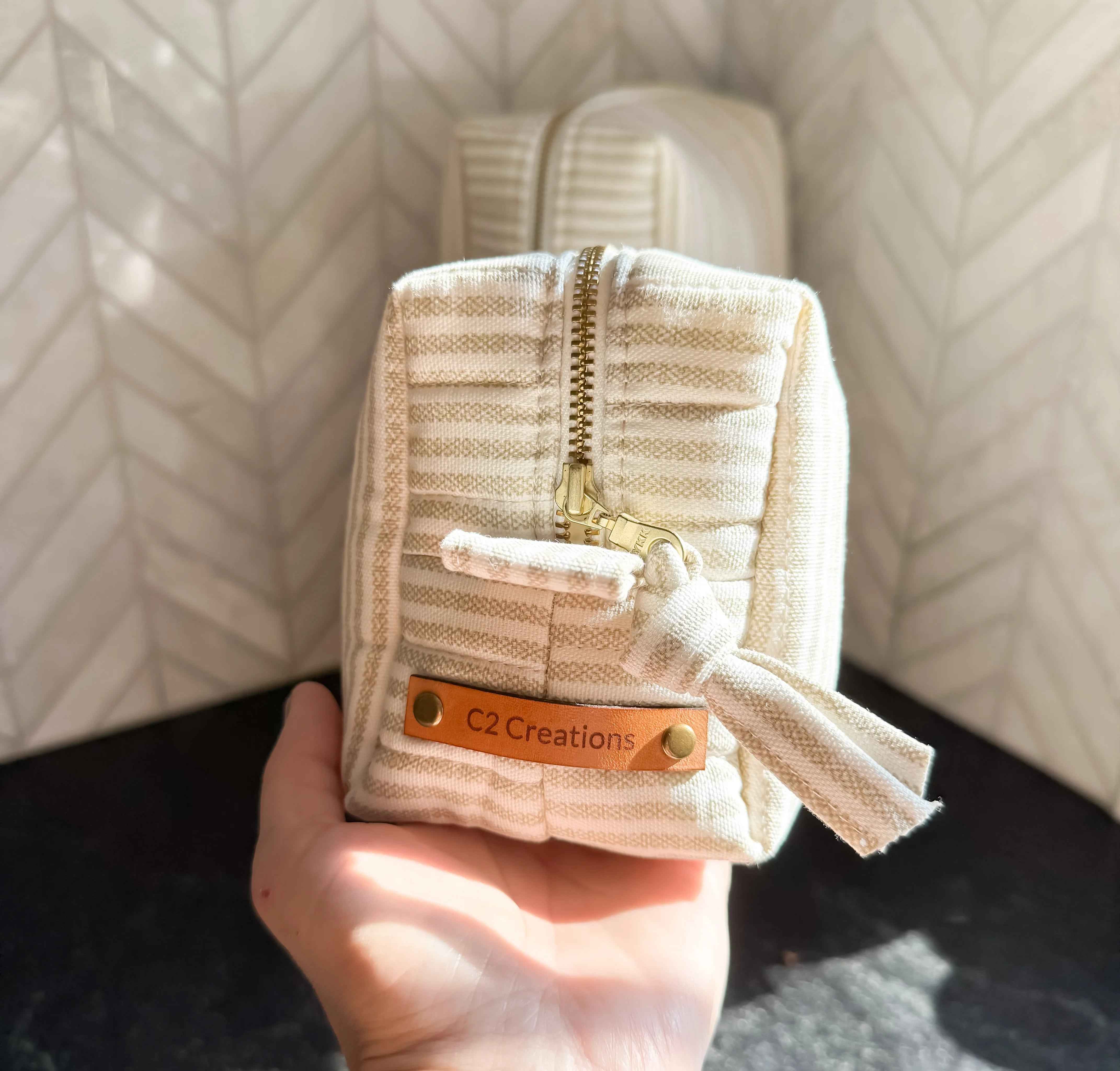 Handmade Makeup Bags - Boxy Toiletry & Makeup Bags in Taupe and Cream Ticking Stripe Pattern