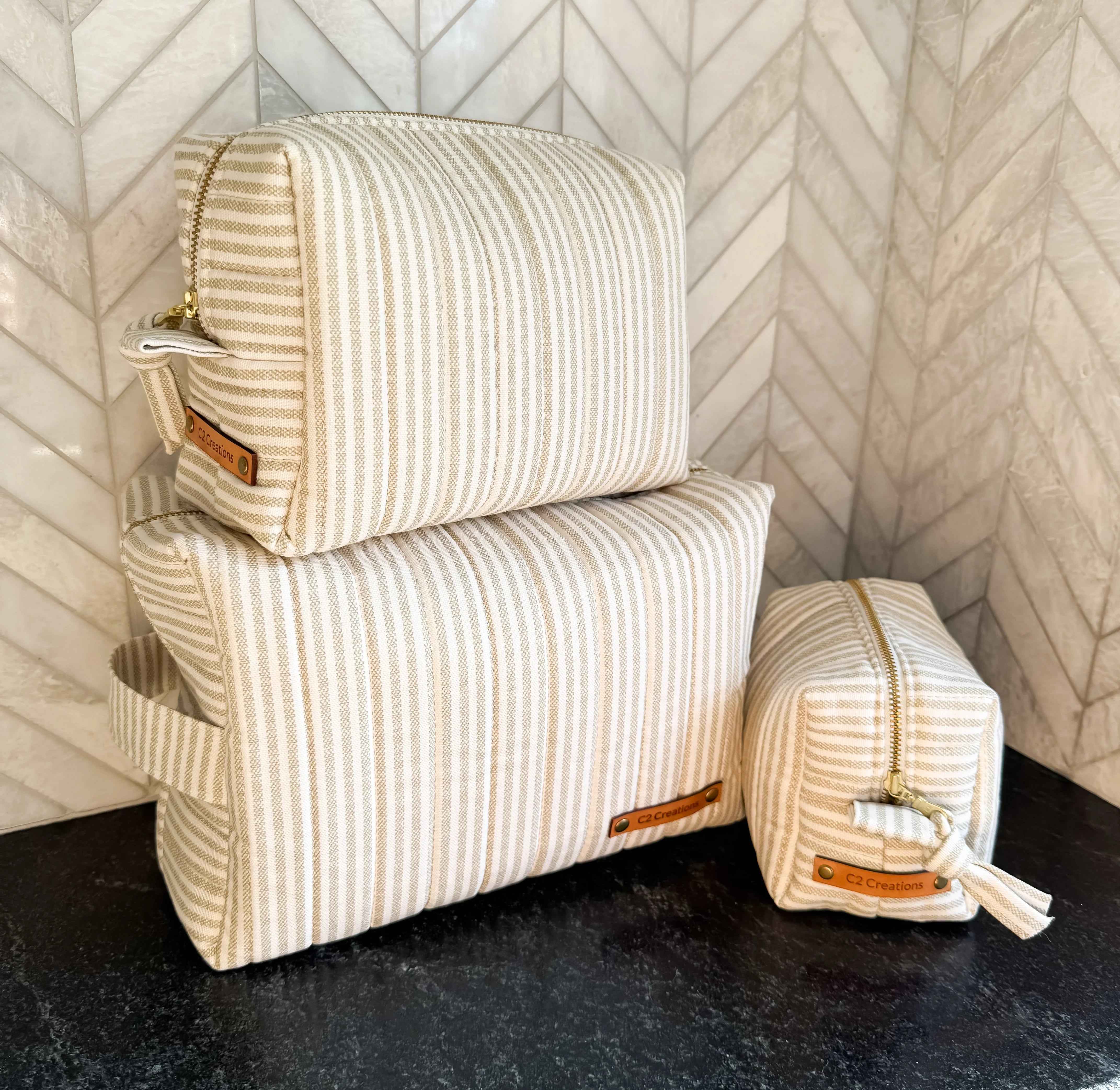Handmade Makeup Bags - Boxy Toiletry & Makeup Bags in Taupe and Cream Ticking Stripe Pattern