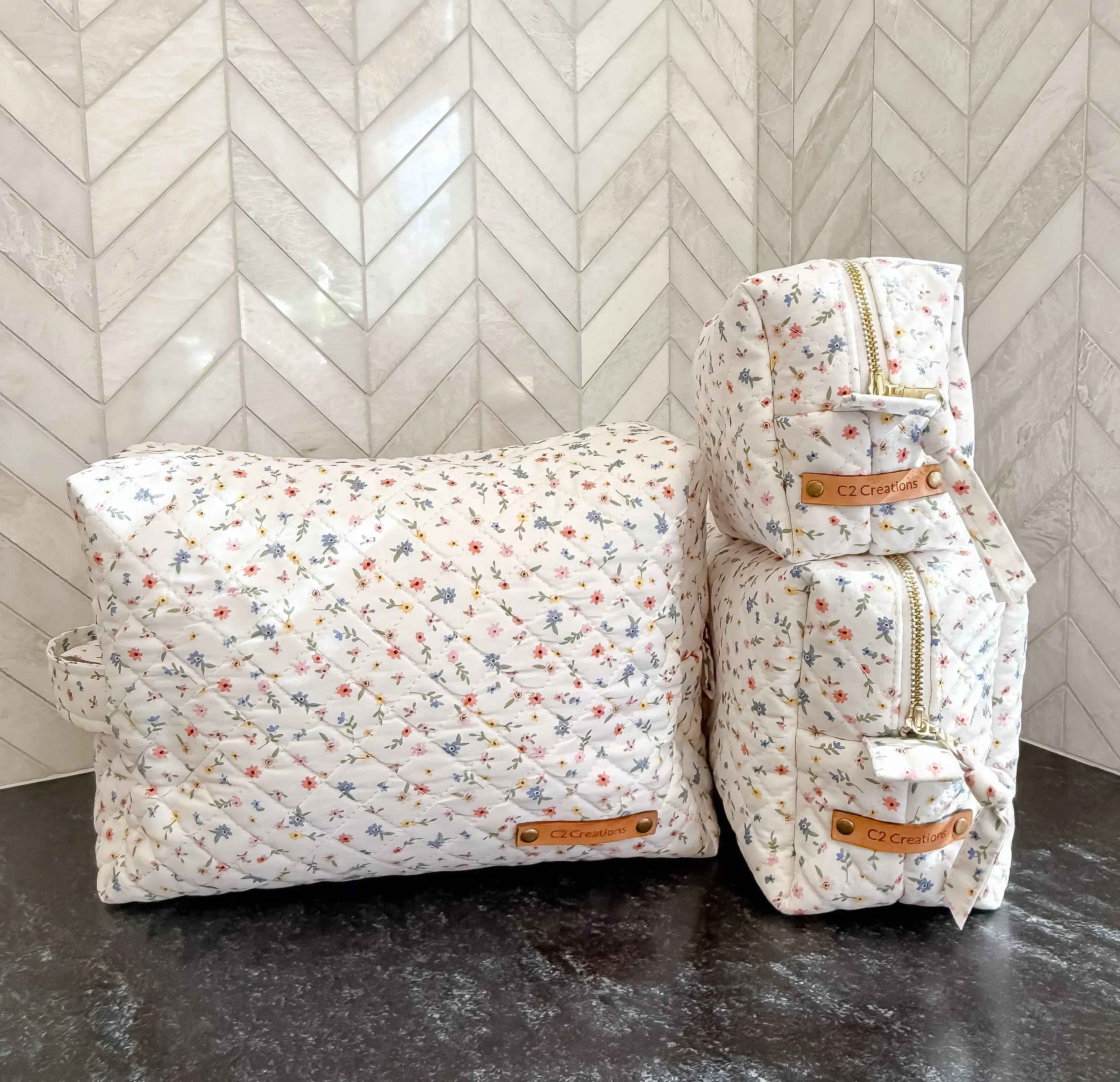 Handmade Boxy Makeup Bags in Wildflower Meadow Pattern - Stylish Toiletry Bags