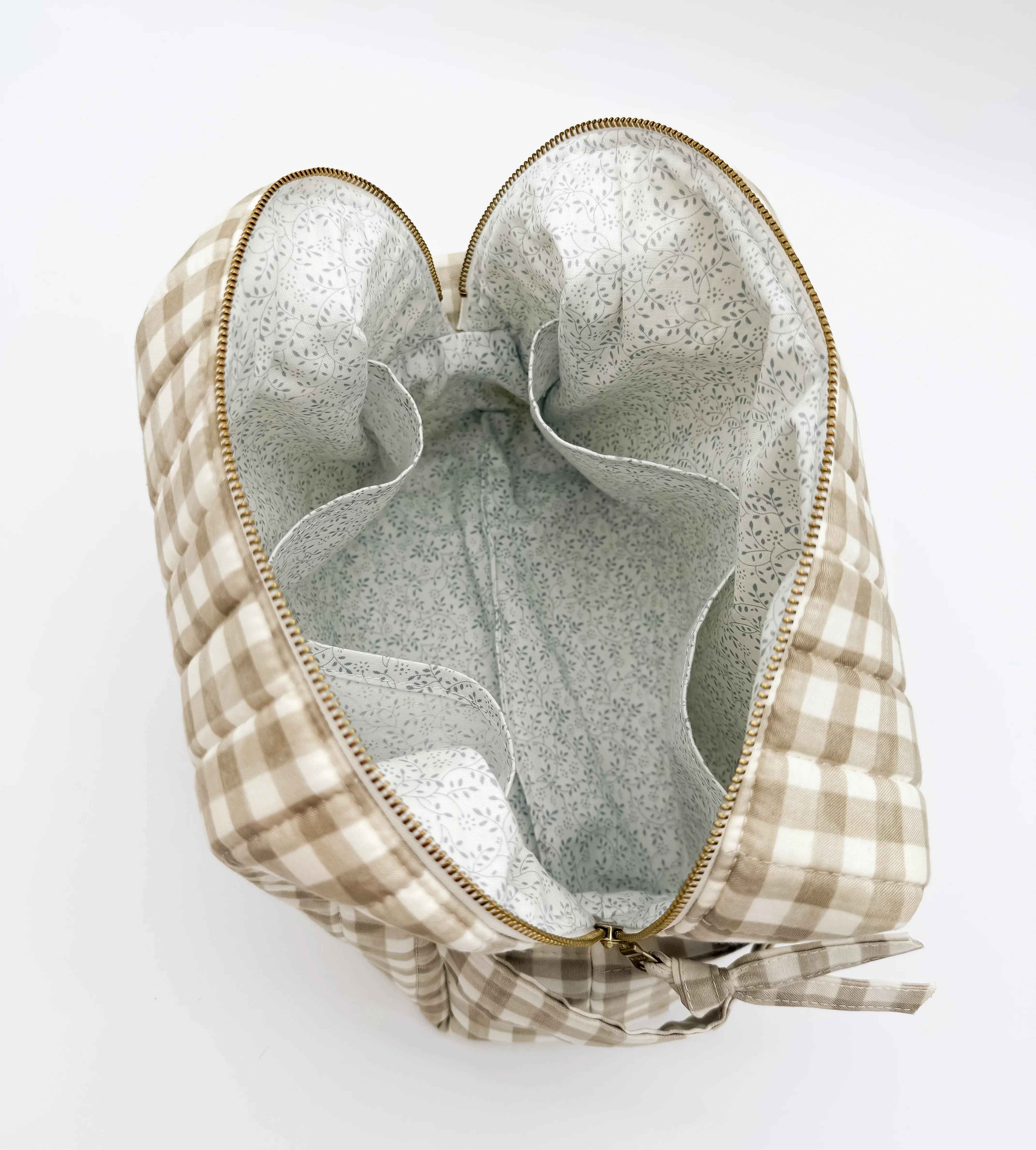 Handmade brown gingham makeup bag for travel