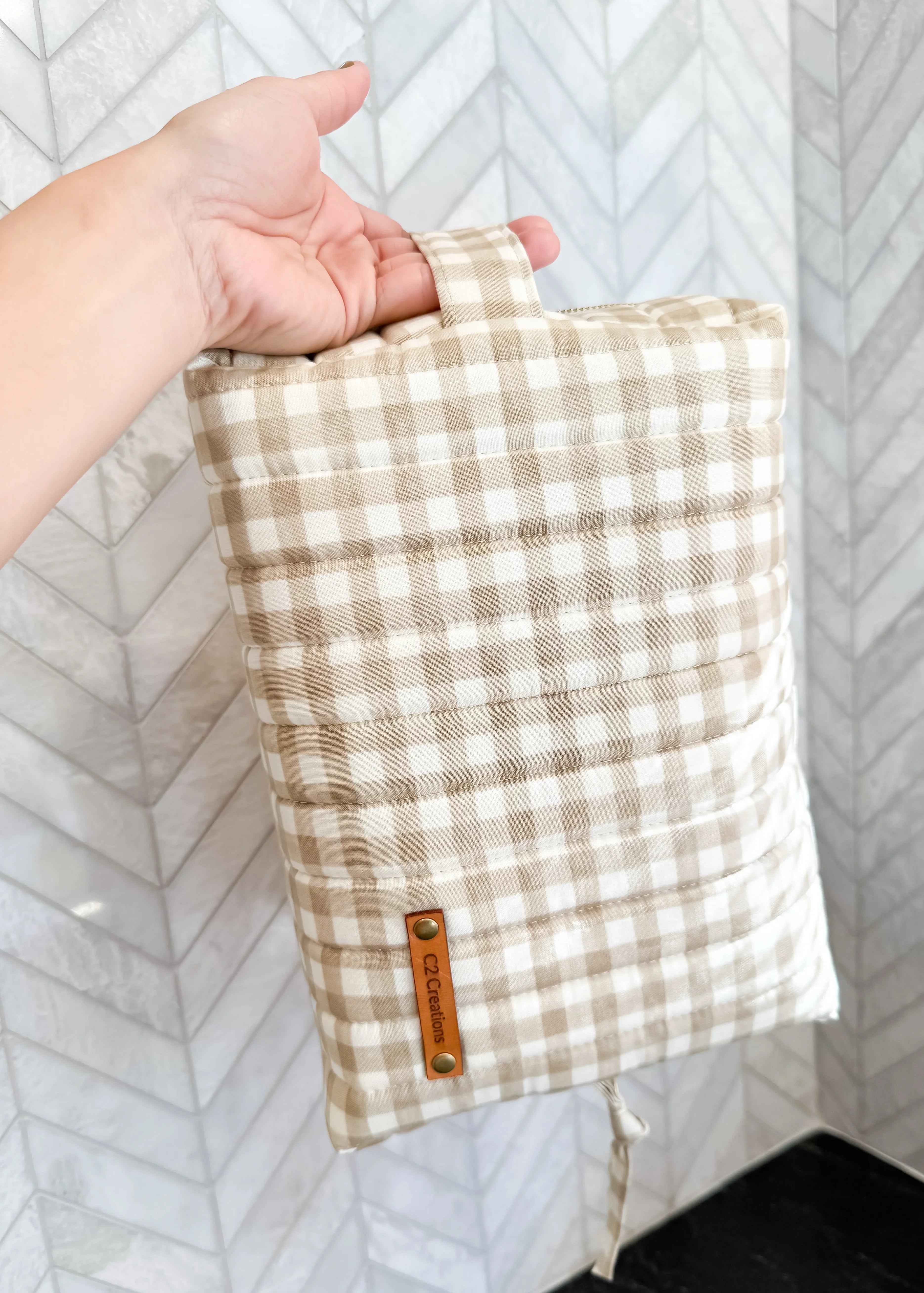 Cream gingham toiletry pouch with handmade boxy shape