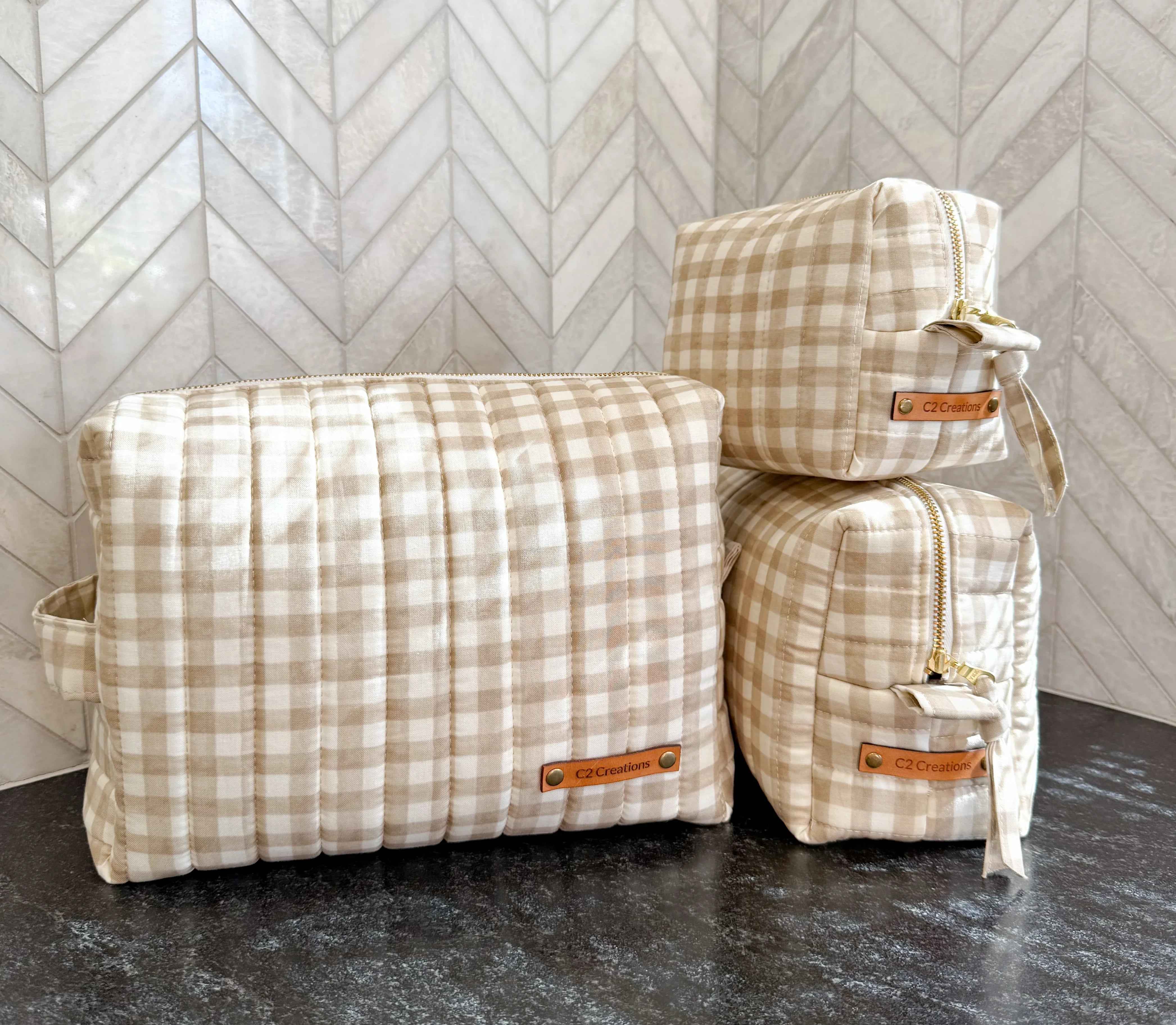 Boxy gingham toiletry bag for cosmetics and travel