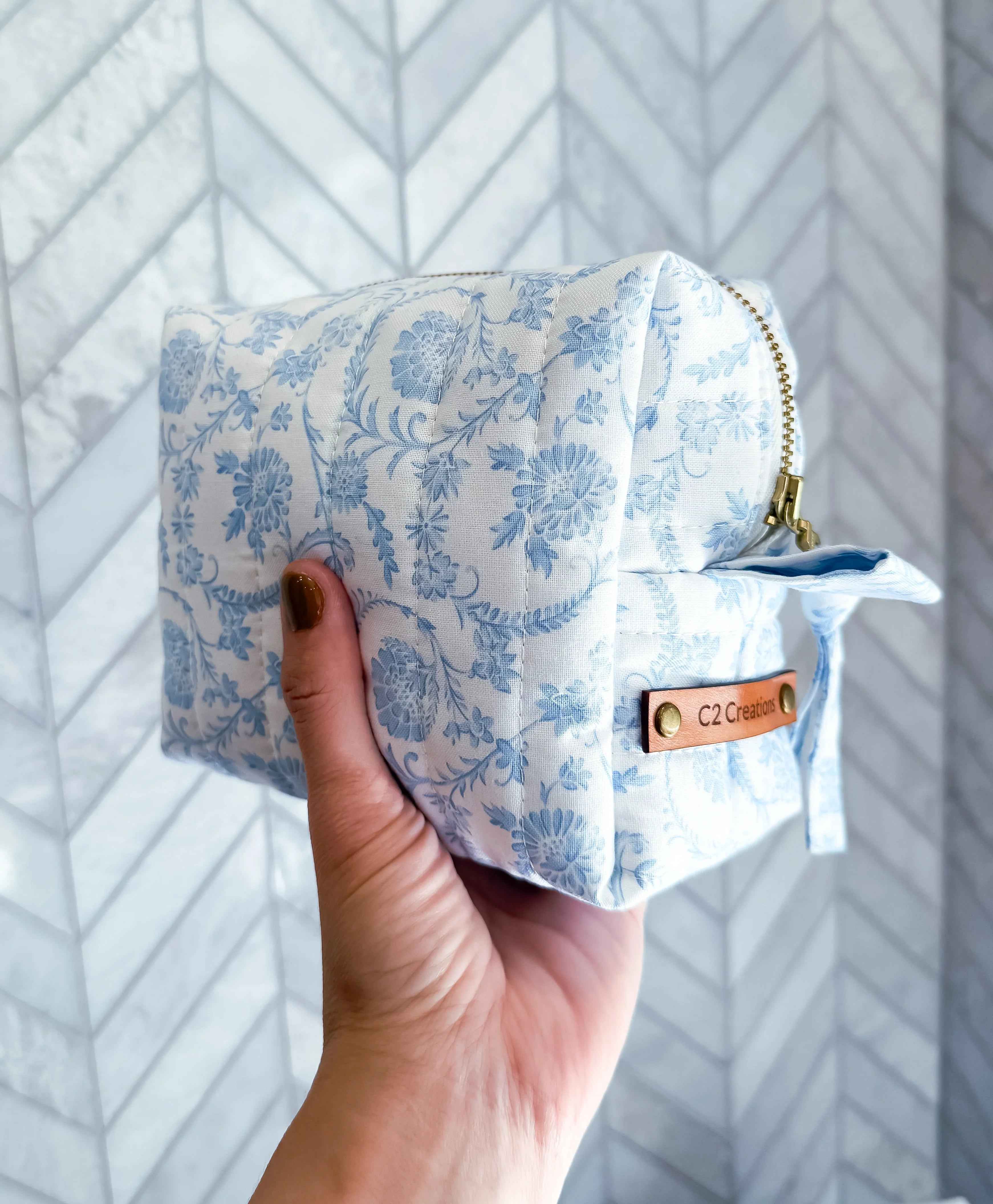 Handmade Blue Floral Makeup Bag - Unique Boxy Cosmetic Storage