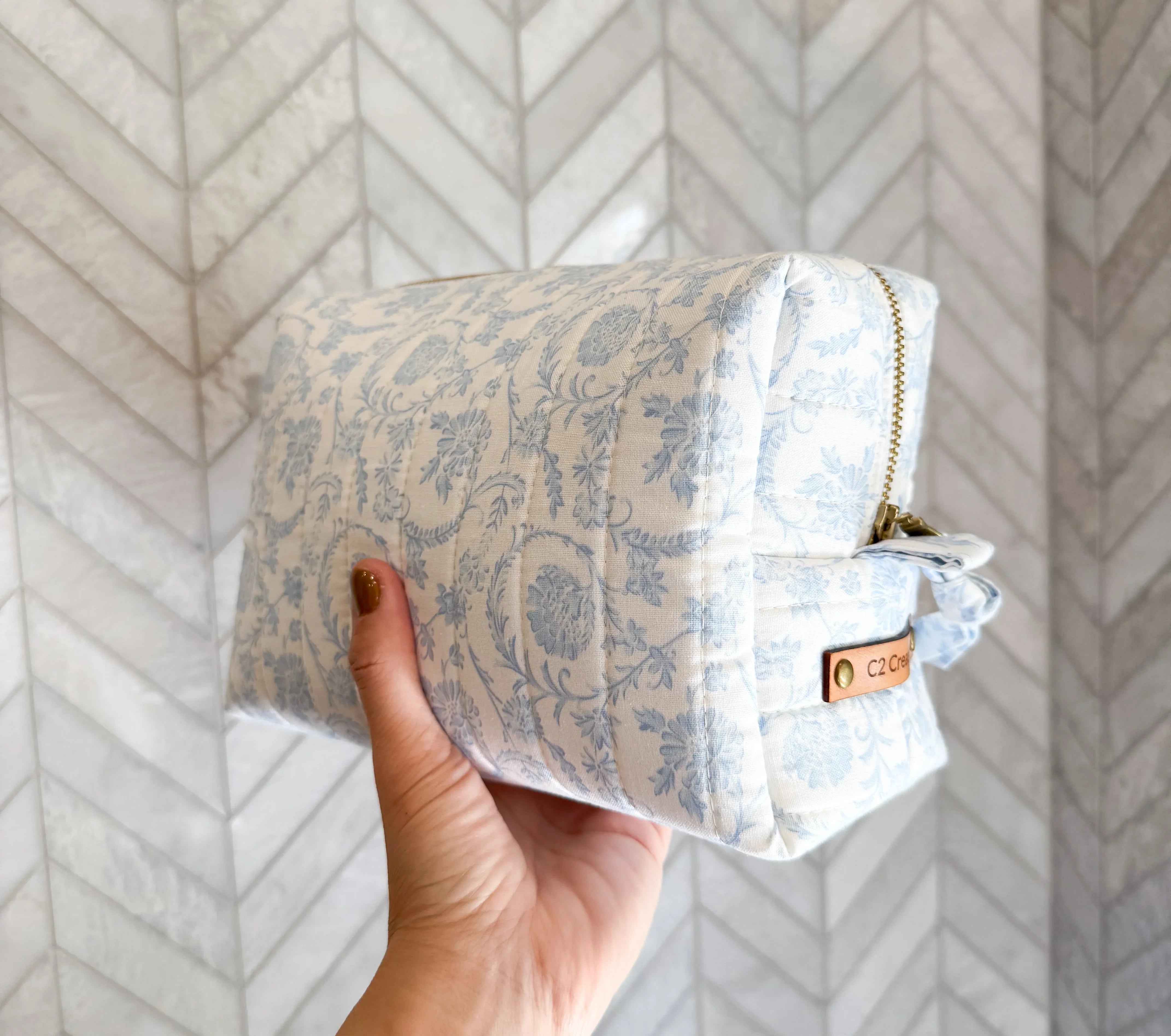 Handmade Blue Floral Makeup Bag - Unique Boxy Cosmetic Storage