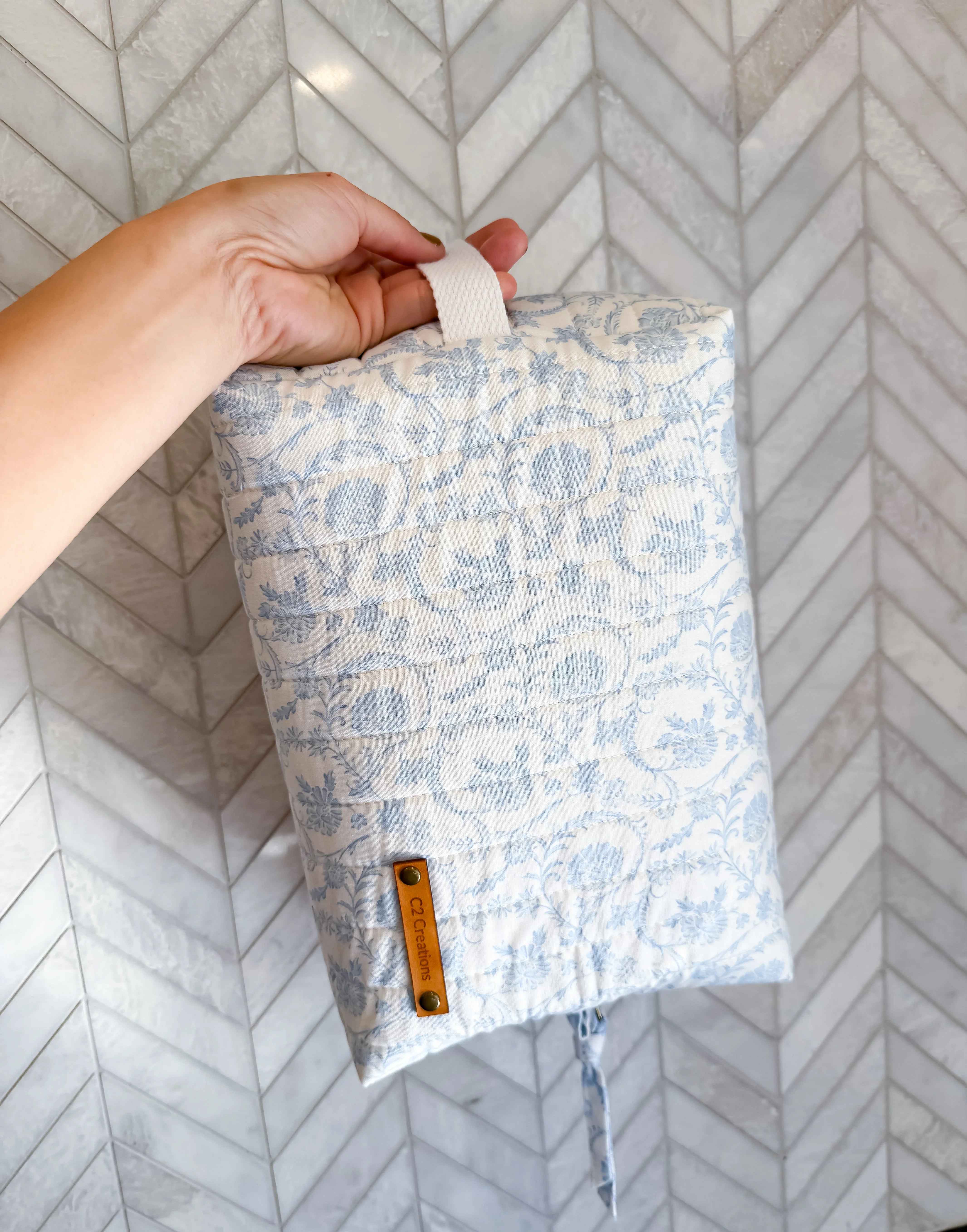 Handmade Blue Floral Makeup Bag - Unique Boxy Cosmetic Storage