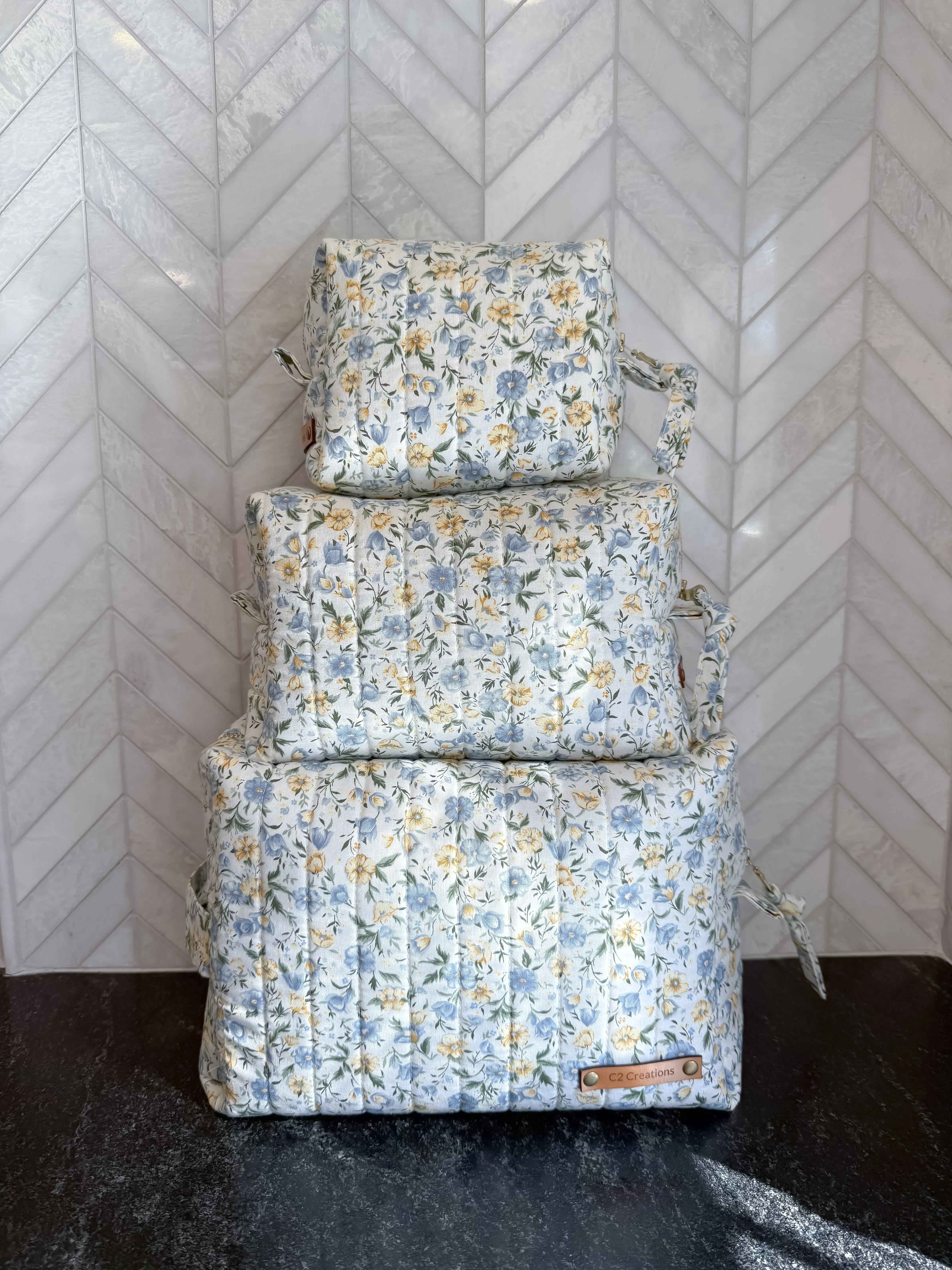 Handmade Floral Makeup Bags - Blue and Yellow Garden Pattern Toiletry Bags