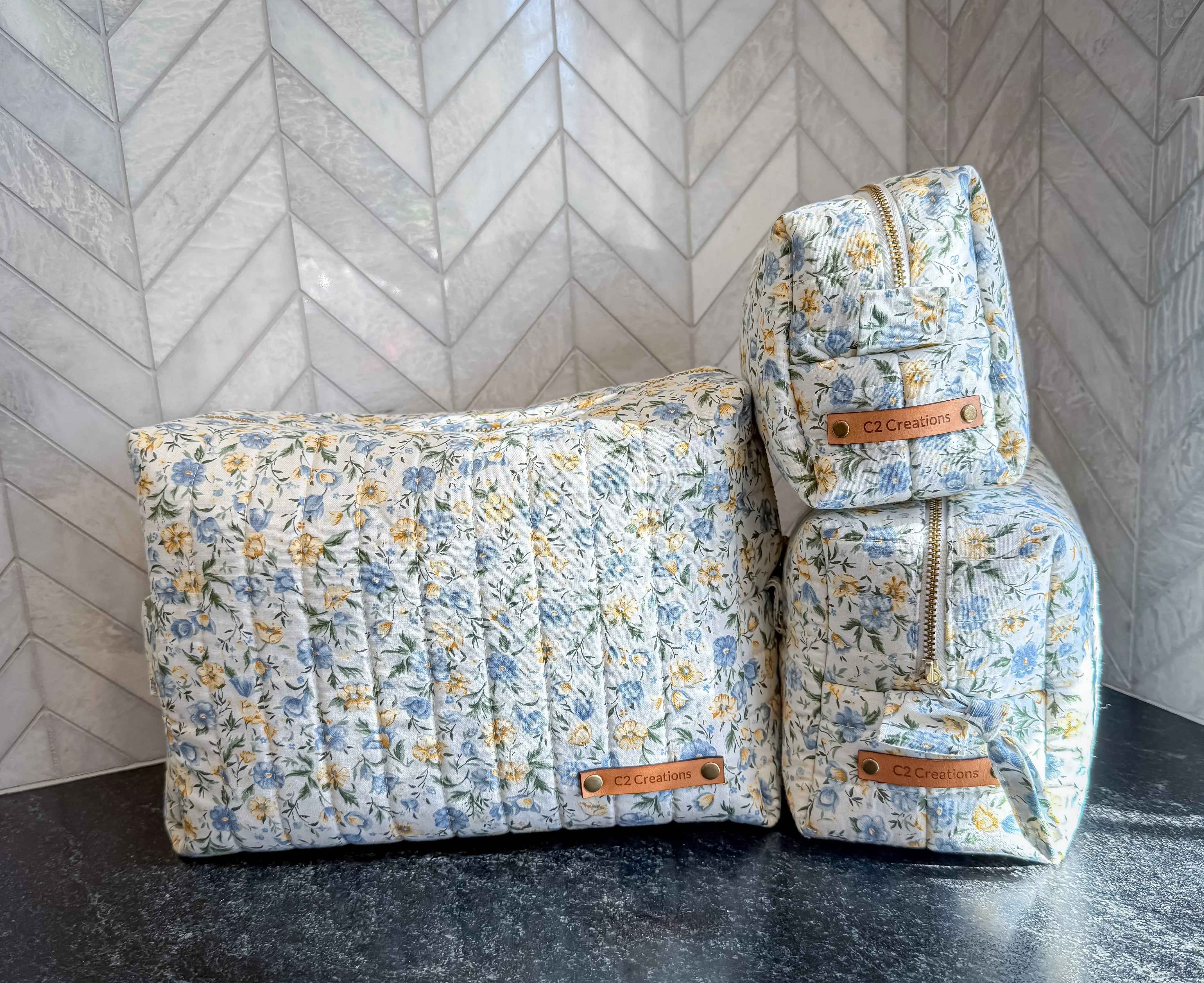 Handmade Floral Makeup Bags - Blue and Yellow Garden Pattern Toiletry Bags