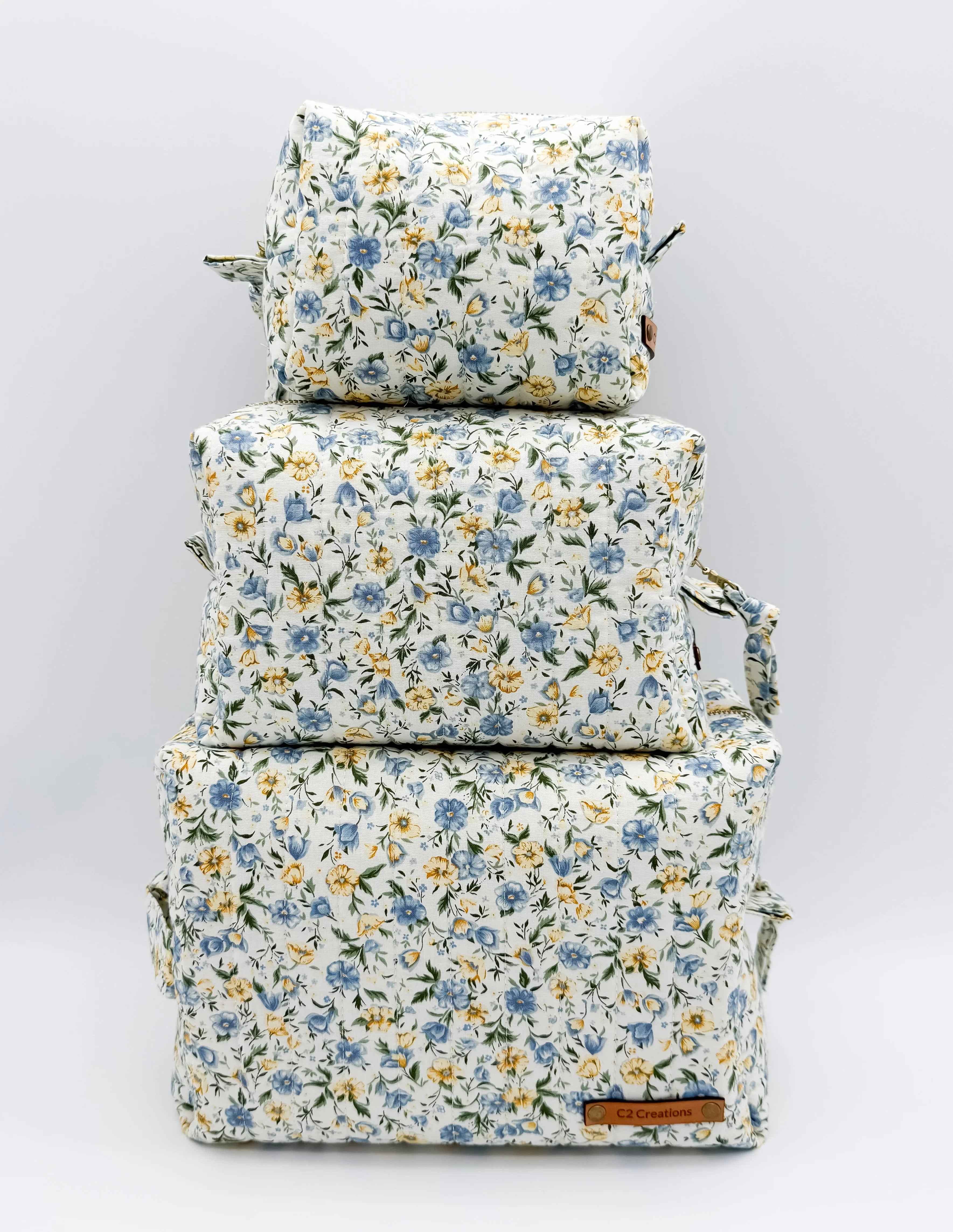 Handmade Floral Makeup Bags - Blue and Yellow Garden Pattern Toiletry Bags