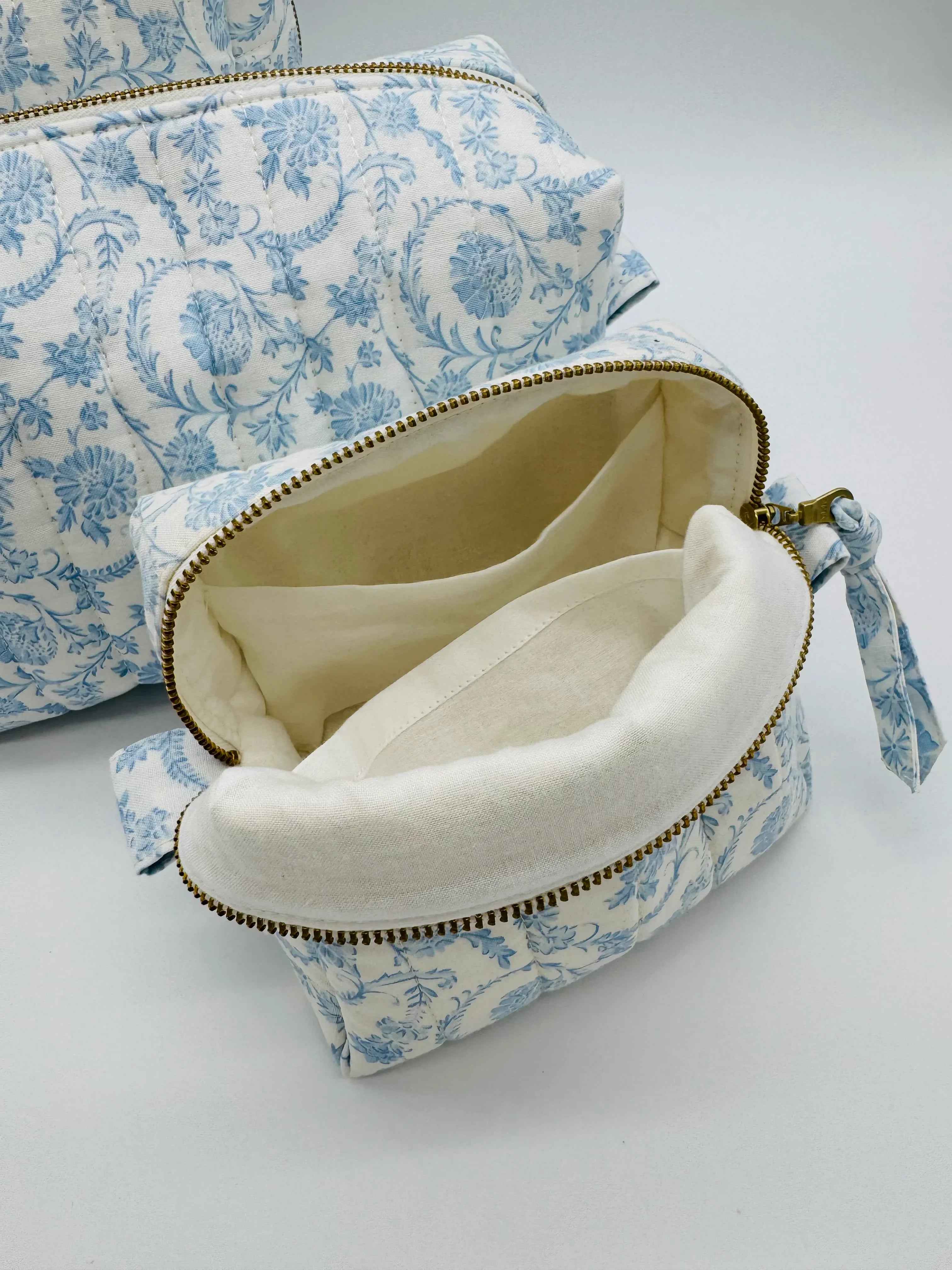 Handmade Blue Floral Makeup Bag - Unique Boxy Cosmetic Storage