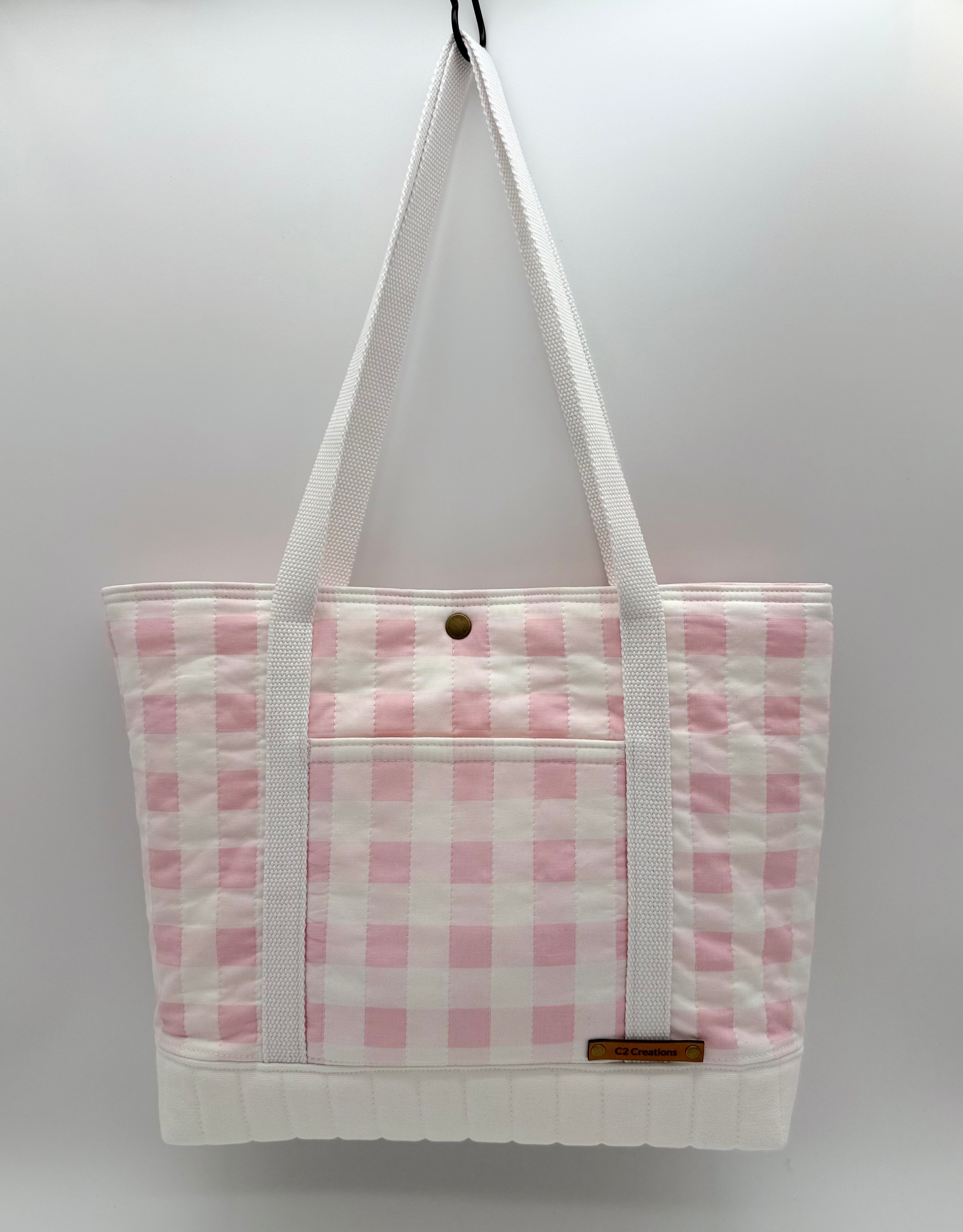 Pink gingham quilted handmade canvas tote bag front view