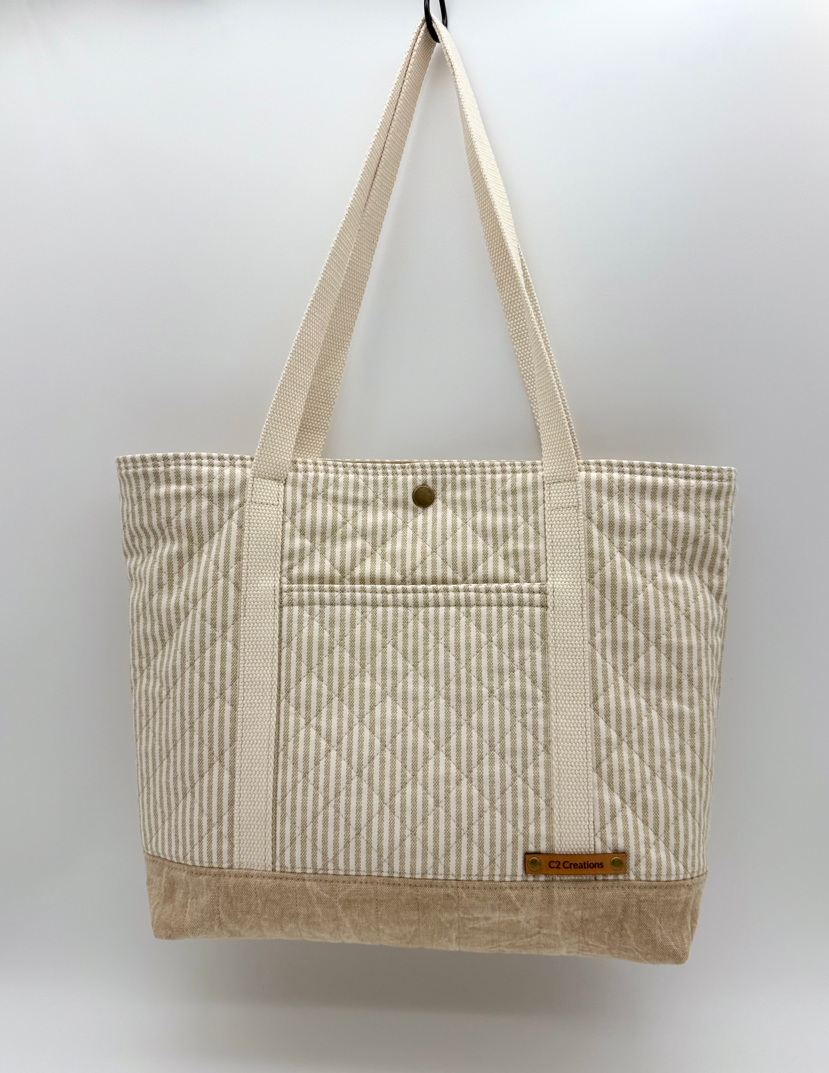 Taupe Stripe Quilted Tote Bag - Handmade Canvas Tote with Snap Closure - C2 Creations LLC