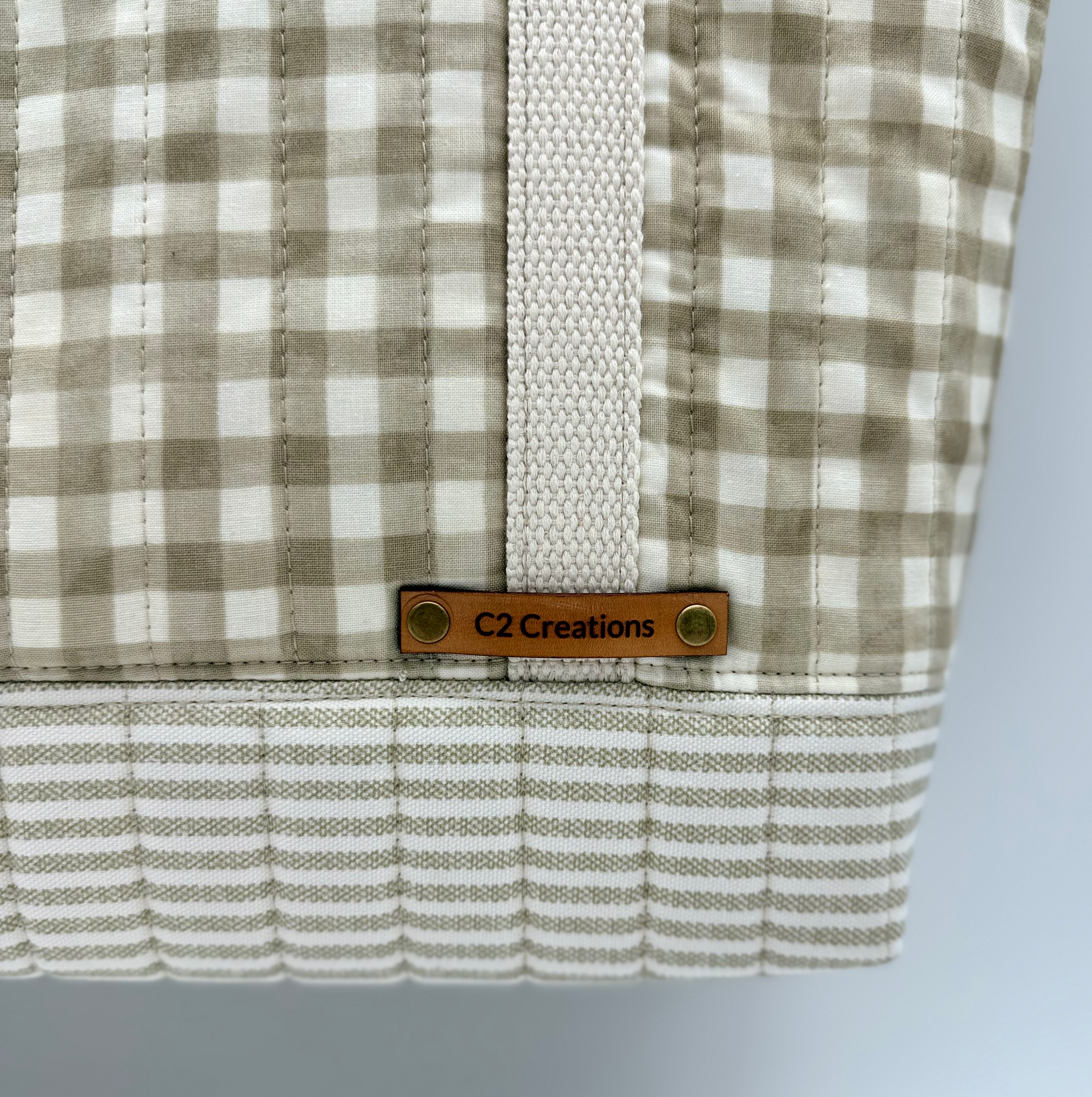 Handmade Gingham Tote Bag in Taupe & Cream with Quilted Bottom - C2 Creations LLC