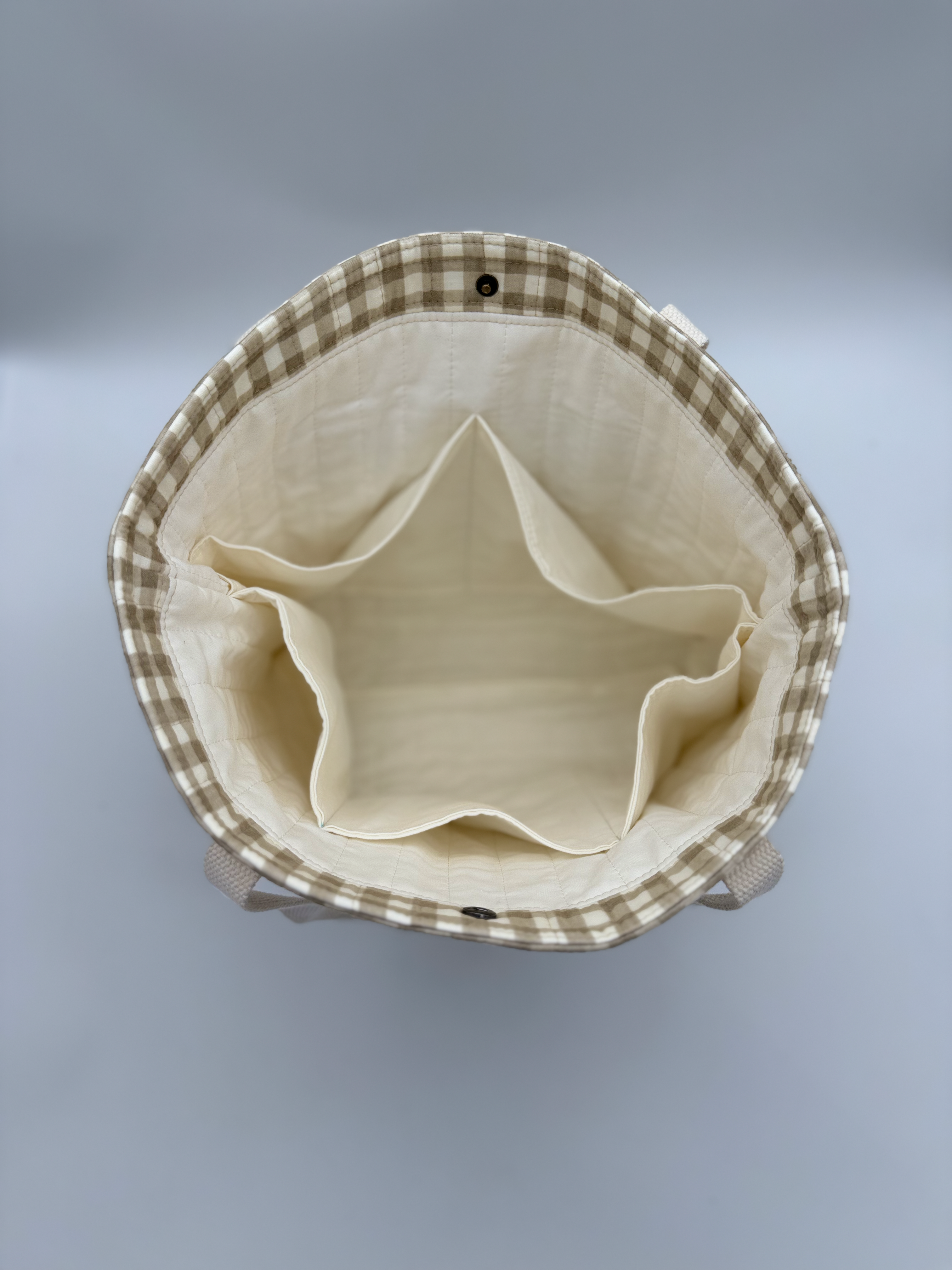 Handmade Gingham Tote Bag in Taupe & Cream with Quilted Bottom - C2 Creations LLC