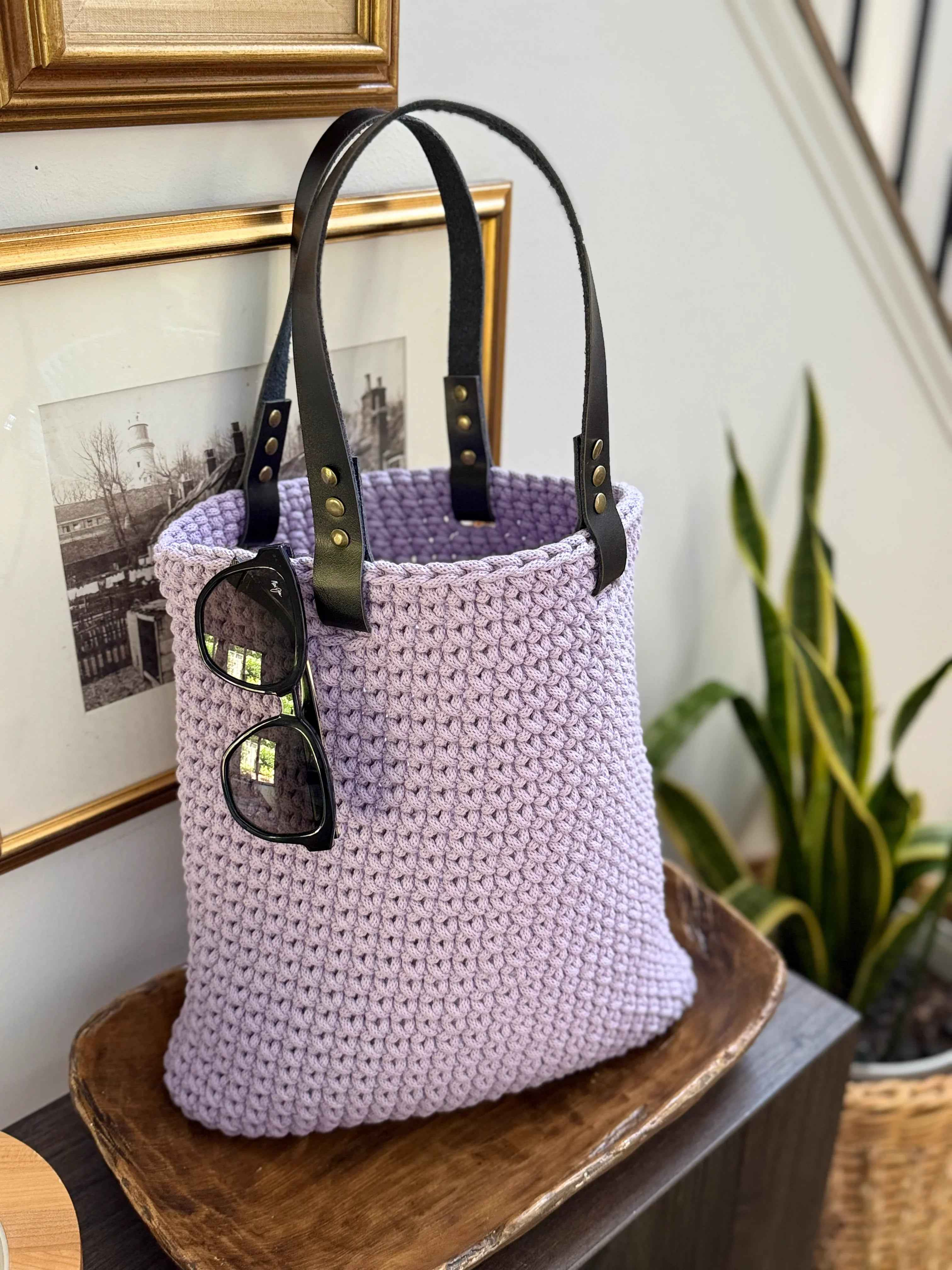 Handcrafted Lavender Tote Bag with Leather Handles - Eco-Friendly Crochet Design