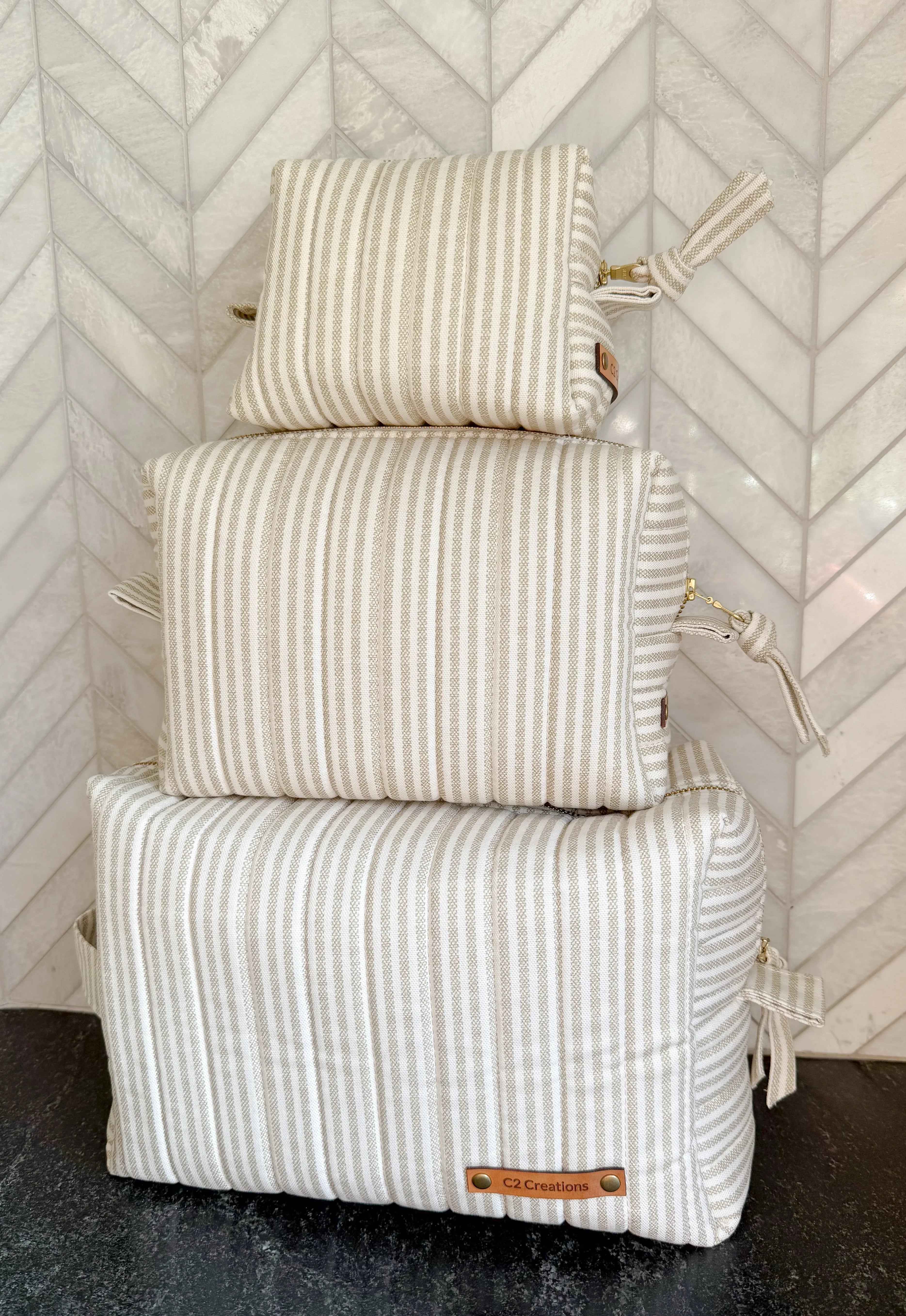 Handmade Makeup Bags - Boxy Toiletry & Makeup Bags in Taupe and Cream Ticking Stripe Pattern