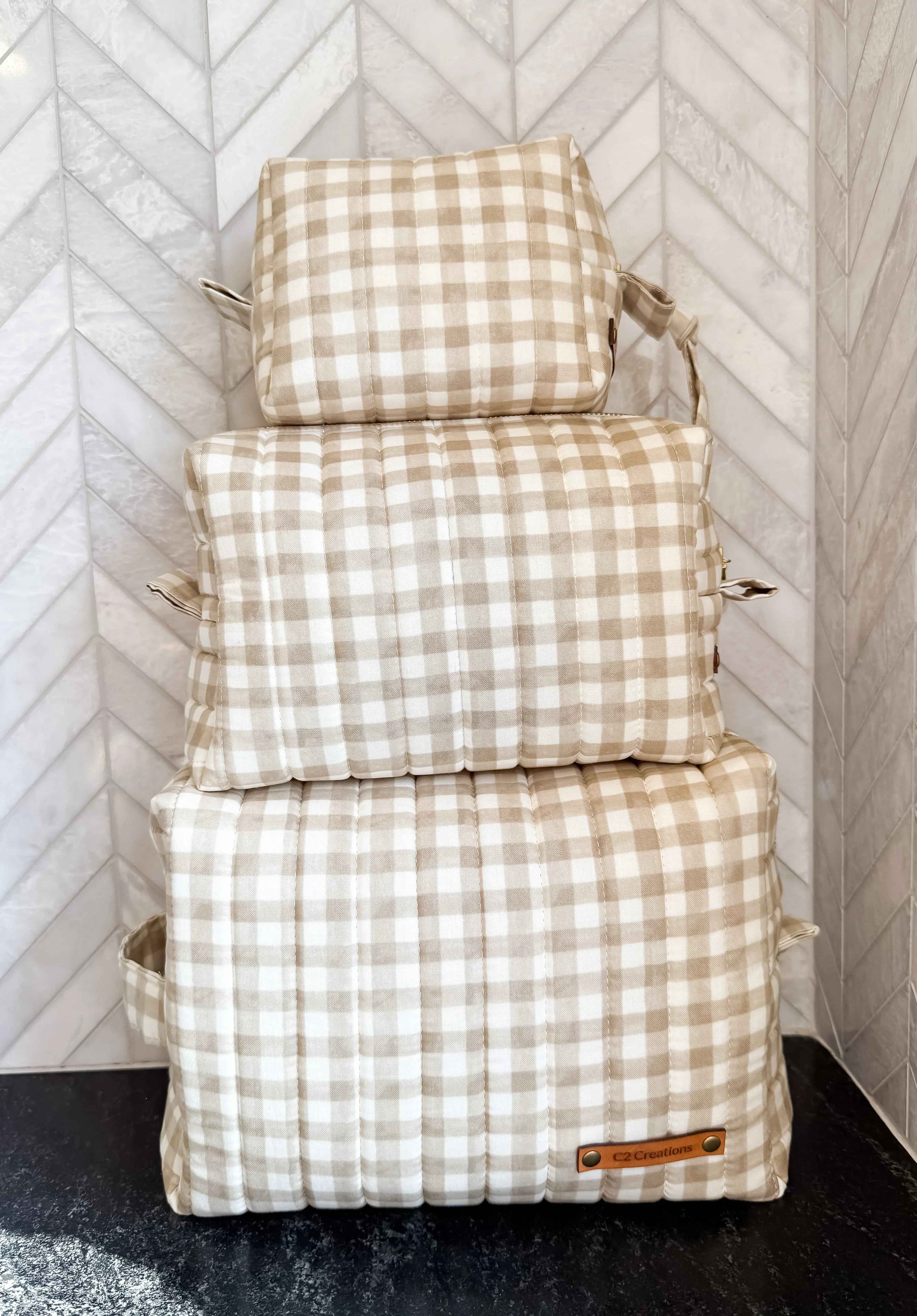 Brown cream gingham makeup bag handmade gift