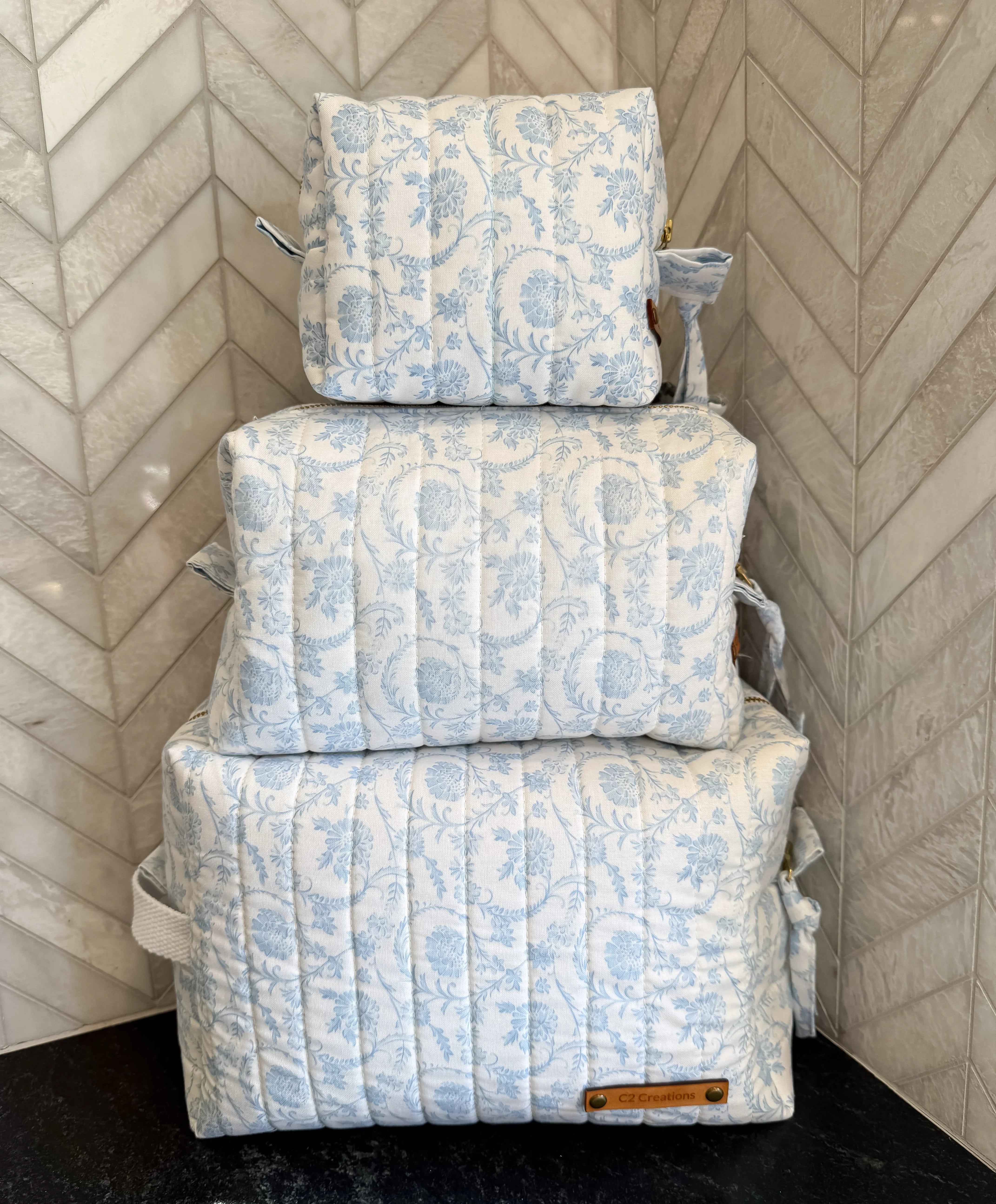 Handmade Blue Floral Makeup Bag - Unique Boxy Cosmetic Storage