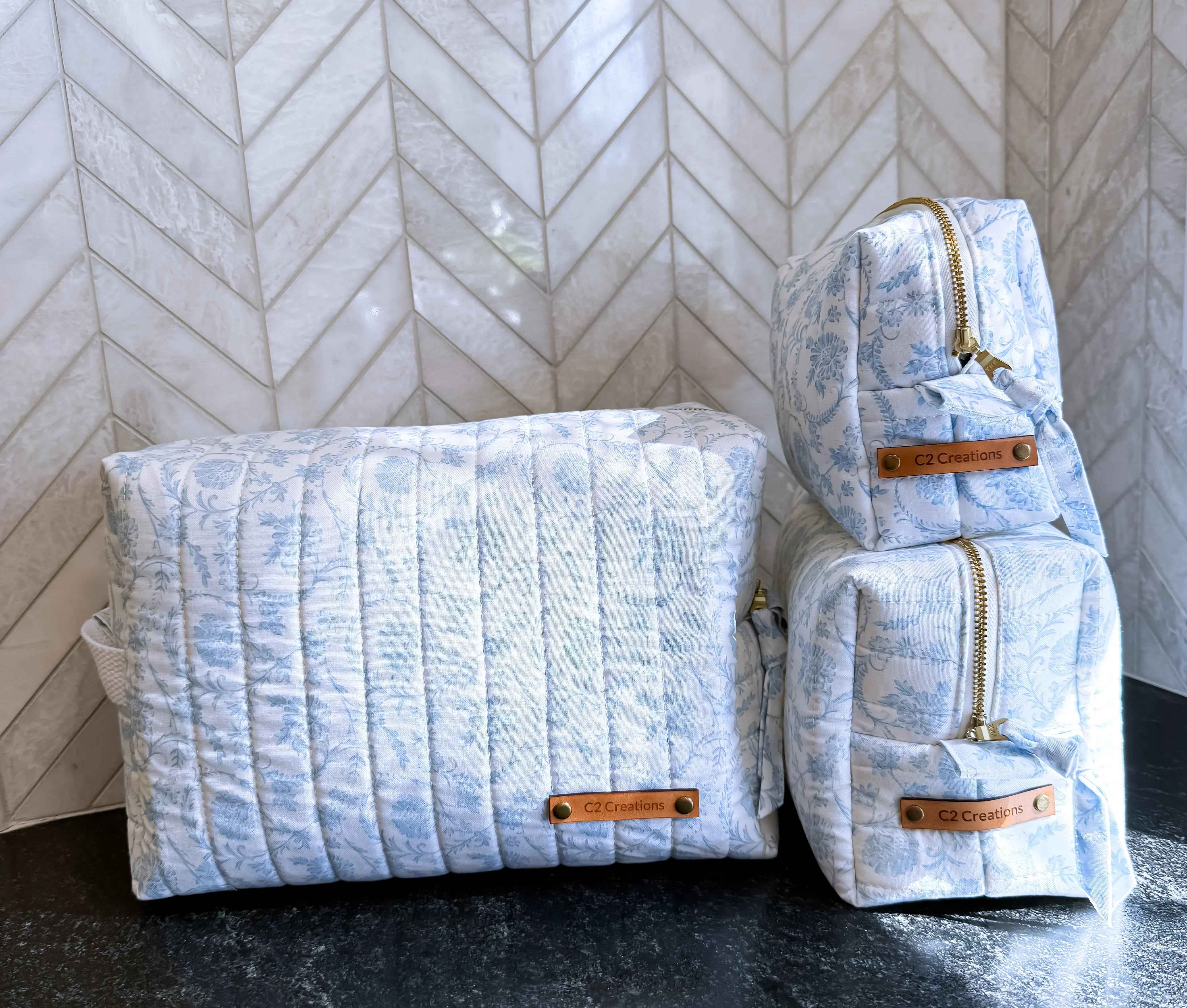 Handmade Blue Floral Makeup Bag - Unique Boxy Cosmetic Storage