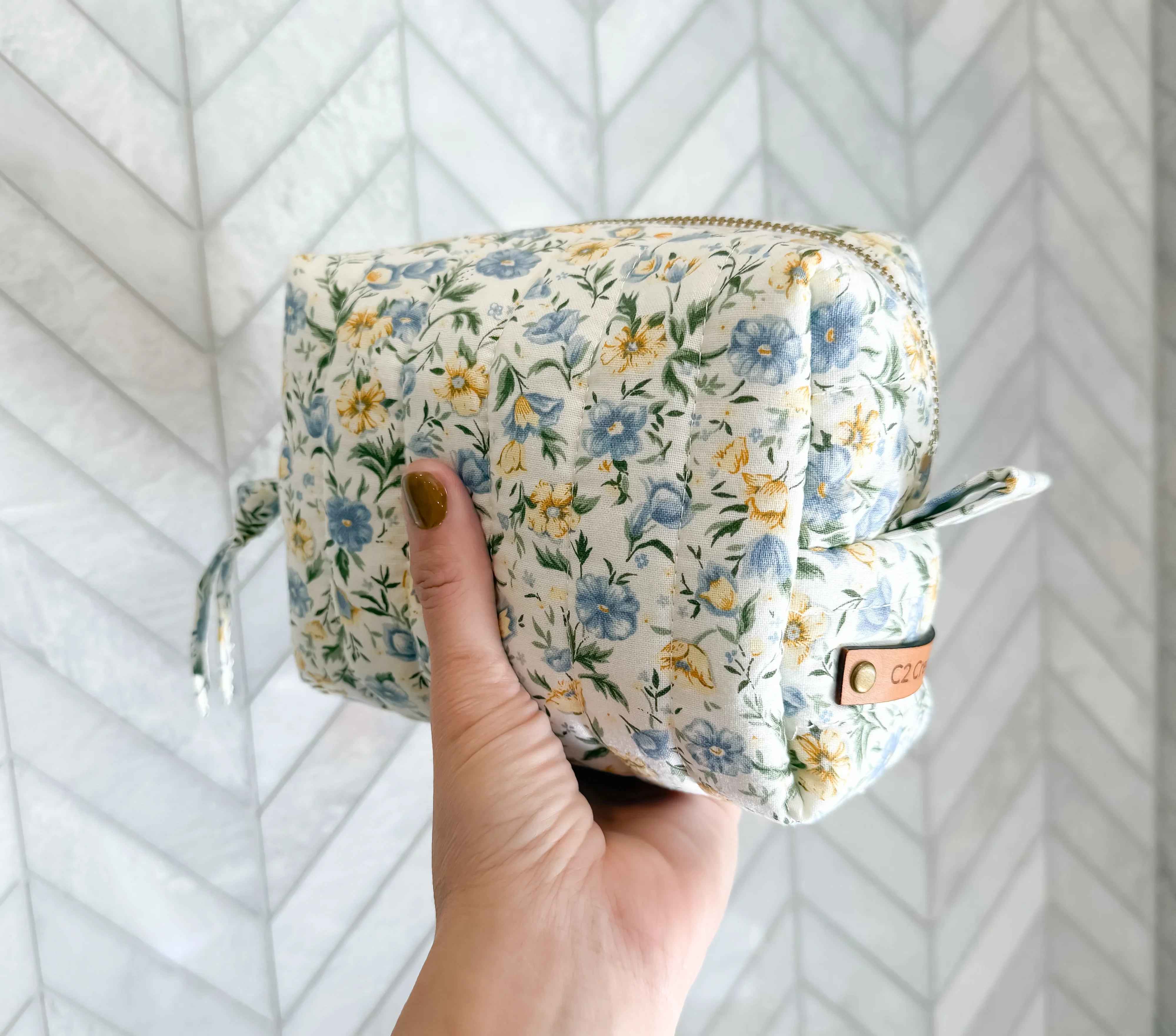 Handmade Floral Makeup Bags - Blue and Yellow Garden Pattern Toiletry Bags