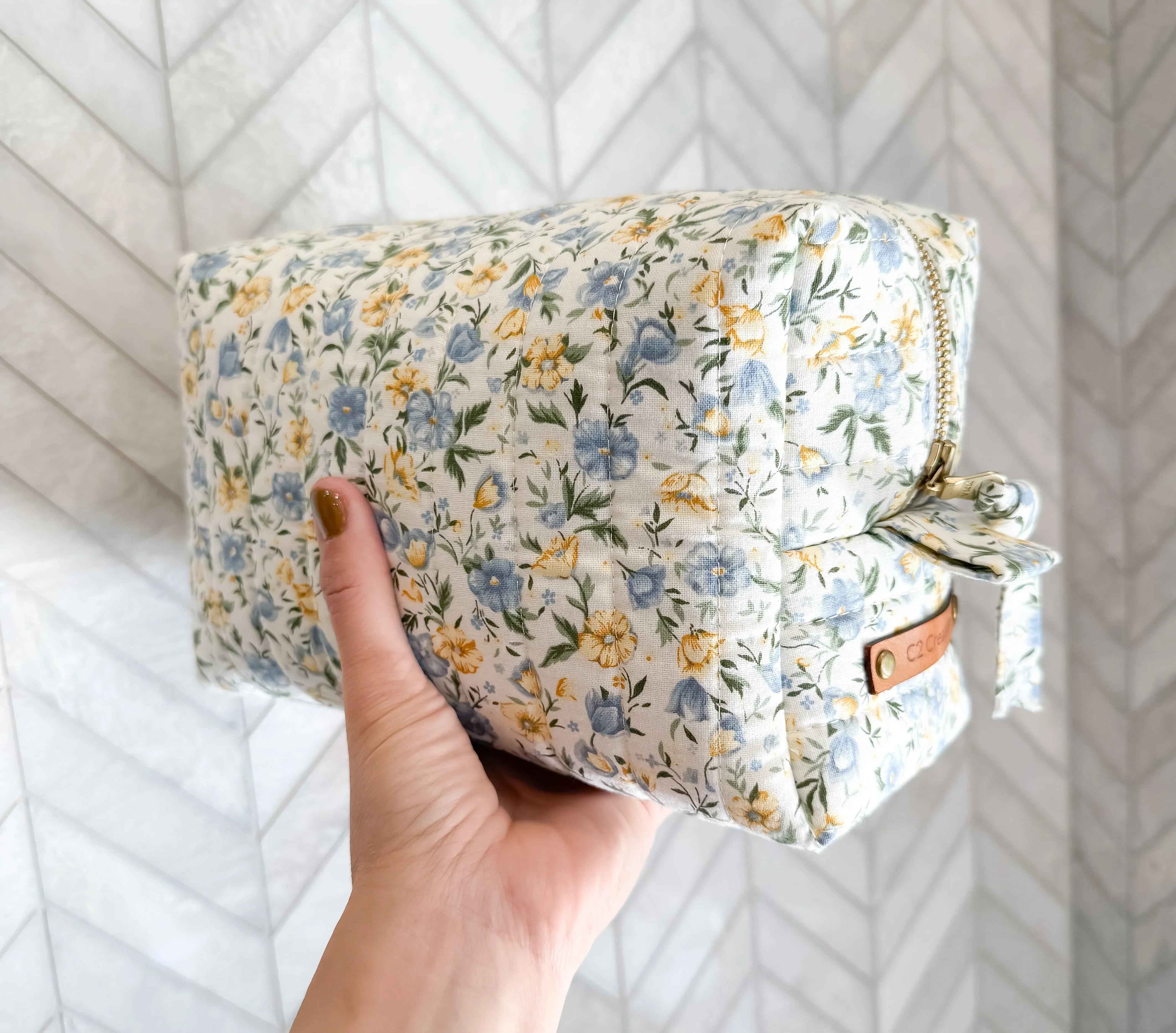 Handmade Floral Makeup Bags - Blue and Yellow Garden Pattern Toiletry Bags