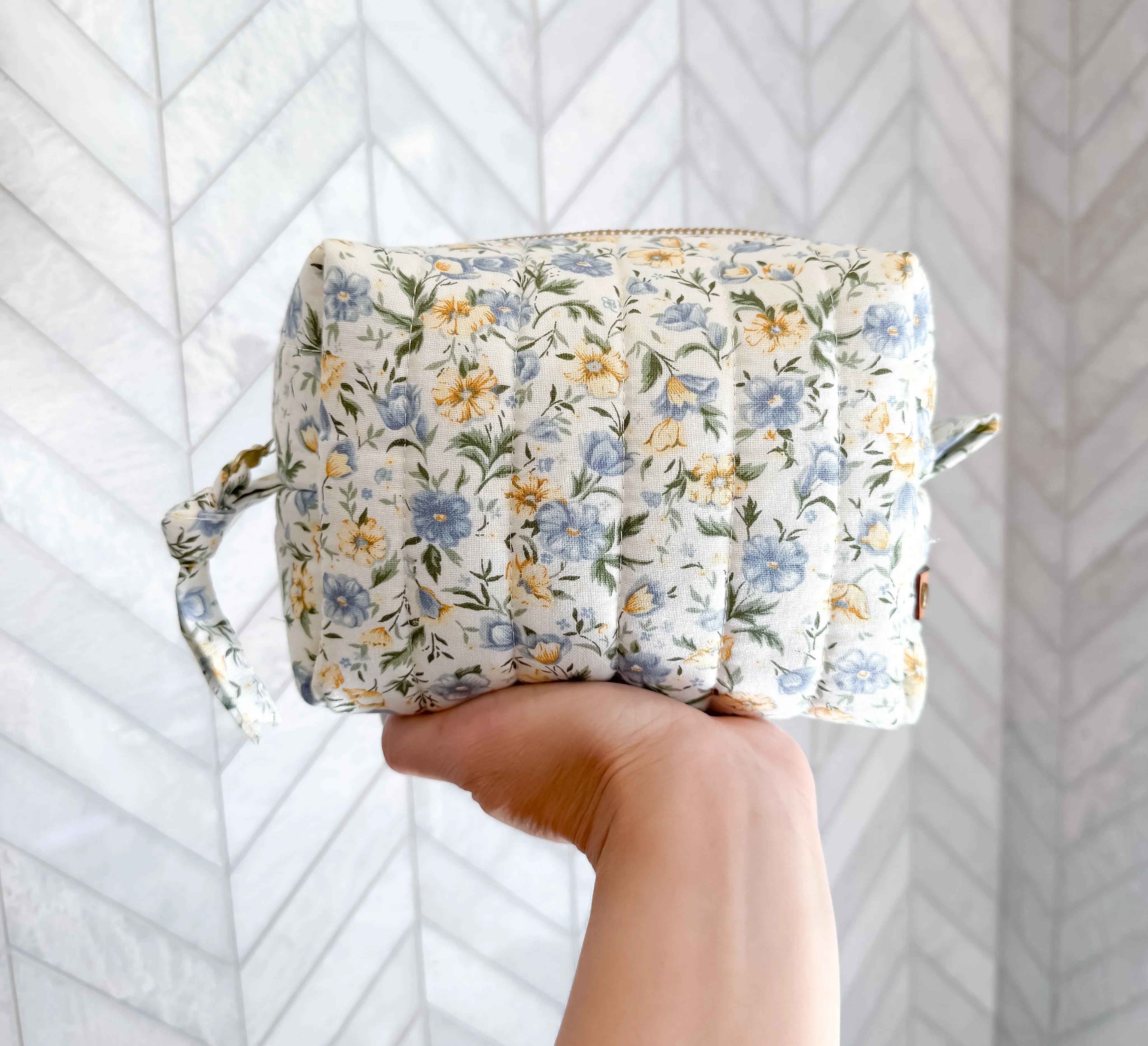 Handmade Floral Makeup Bags - Blue and Yellow Garden Pattern Toiletry Bags