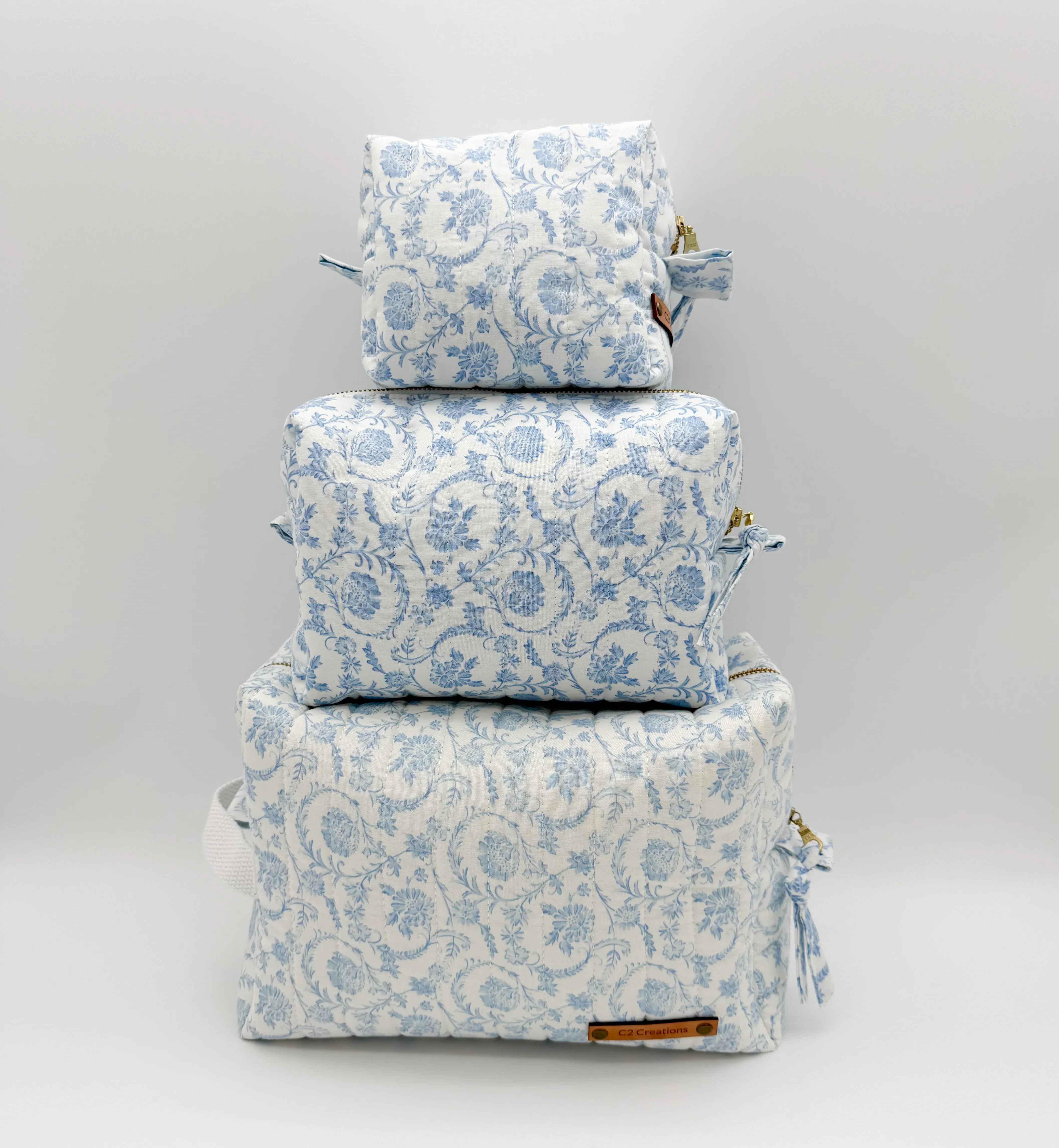 Handmade Blue Floral Makeup Bag - Unique Boxy Cosmetic Storage