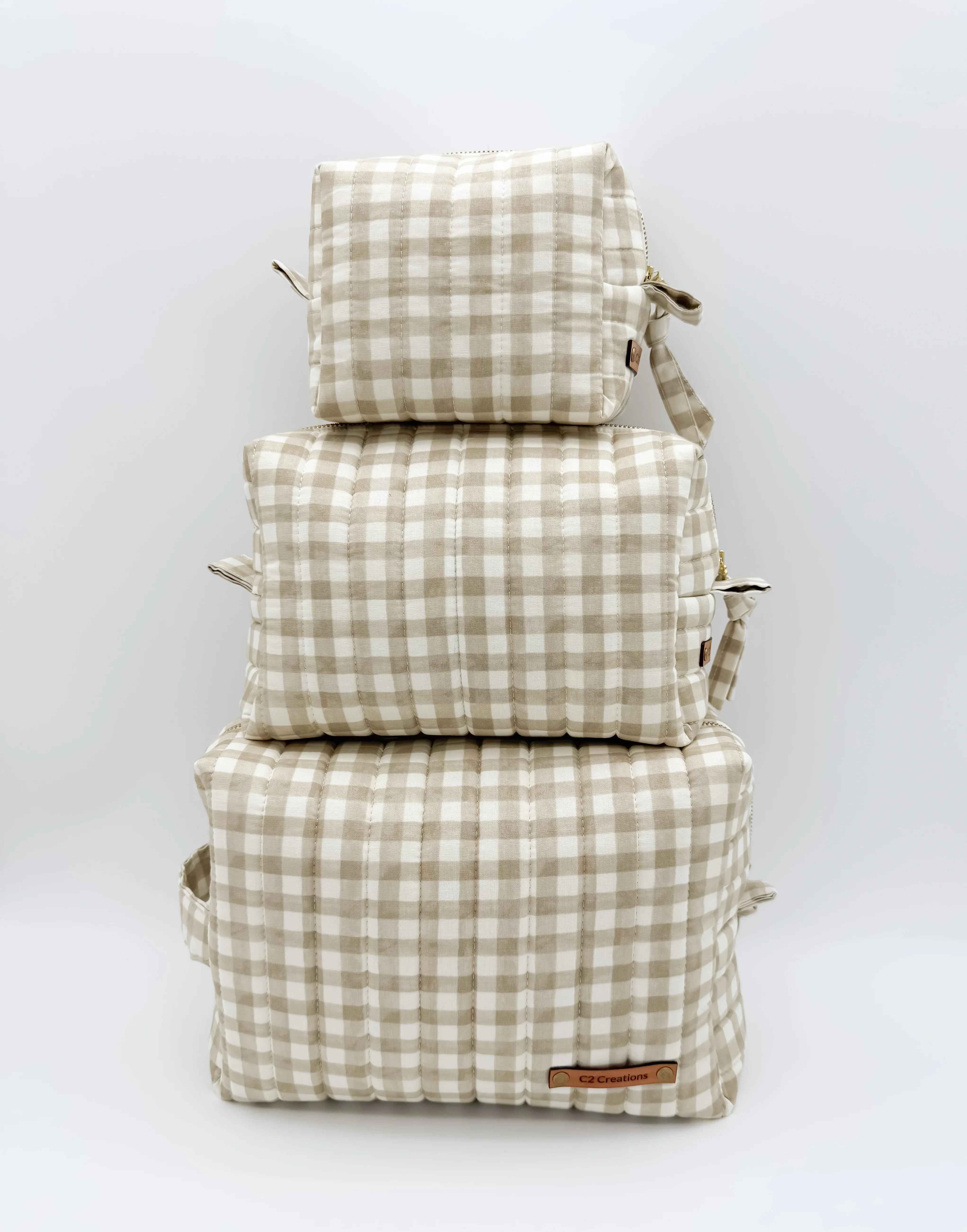 Handmade gingham makeup bag detail view