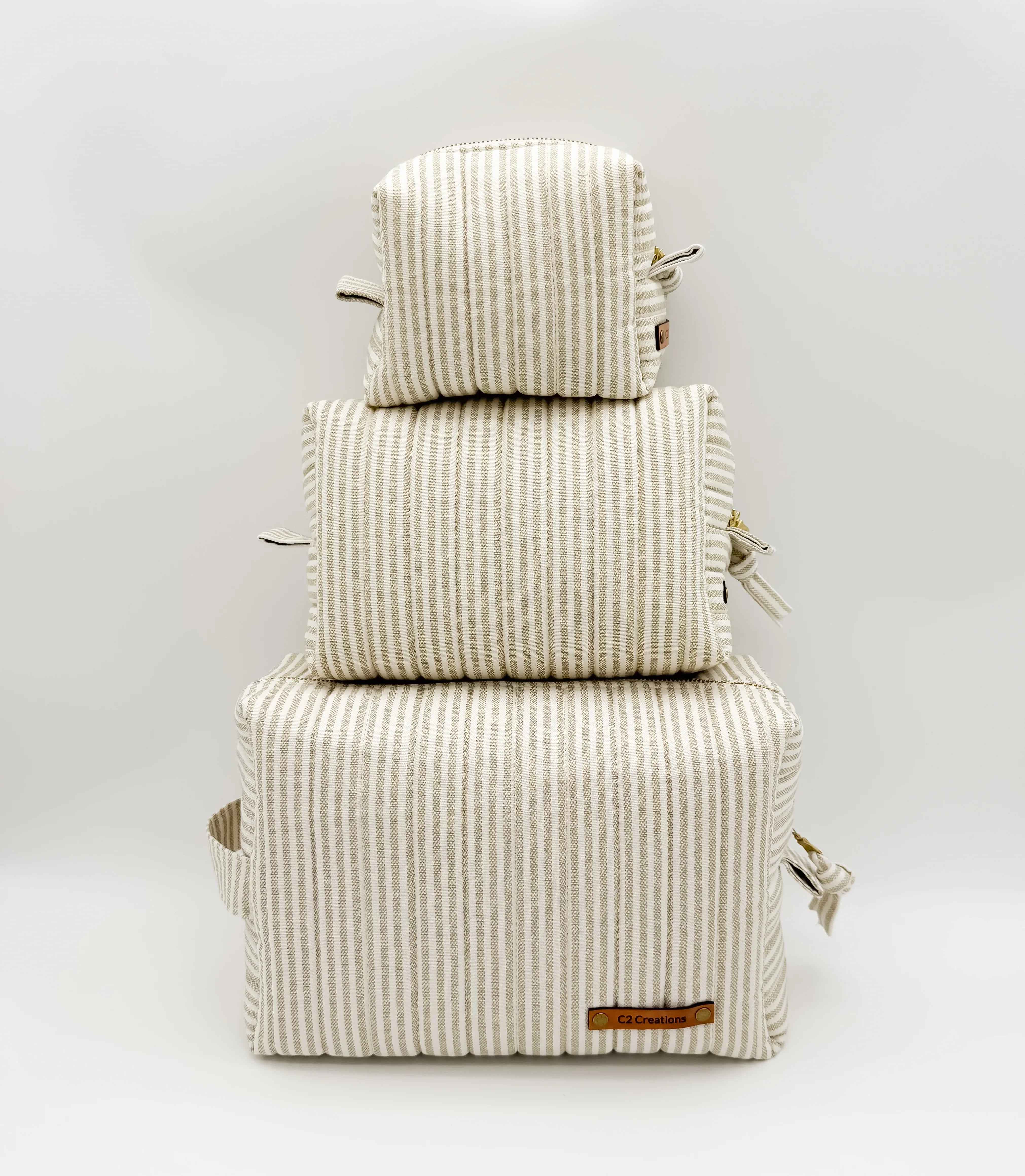 Handmade Makeup Bags - Boxy Toiletry & Makeup Bags in Taupe and Cream Ticking Stripe Pattern