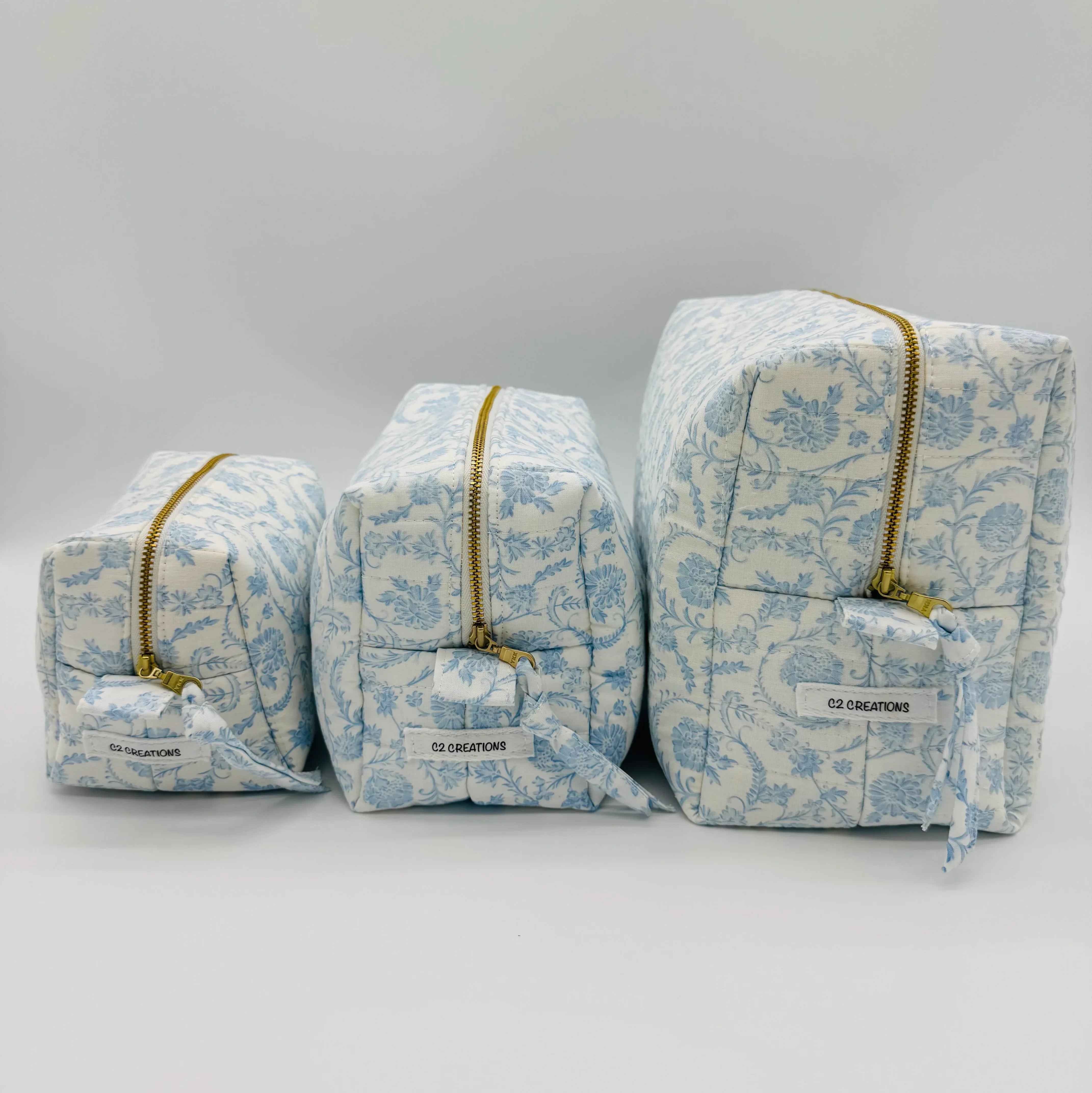 Handmade Blue Floral Makeup Bag - Unique Boxy Cosmetic Storage