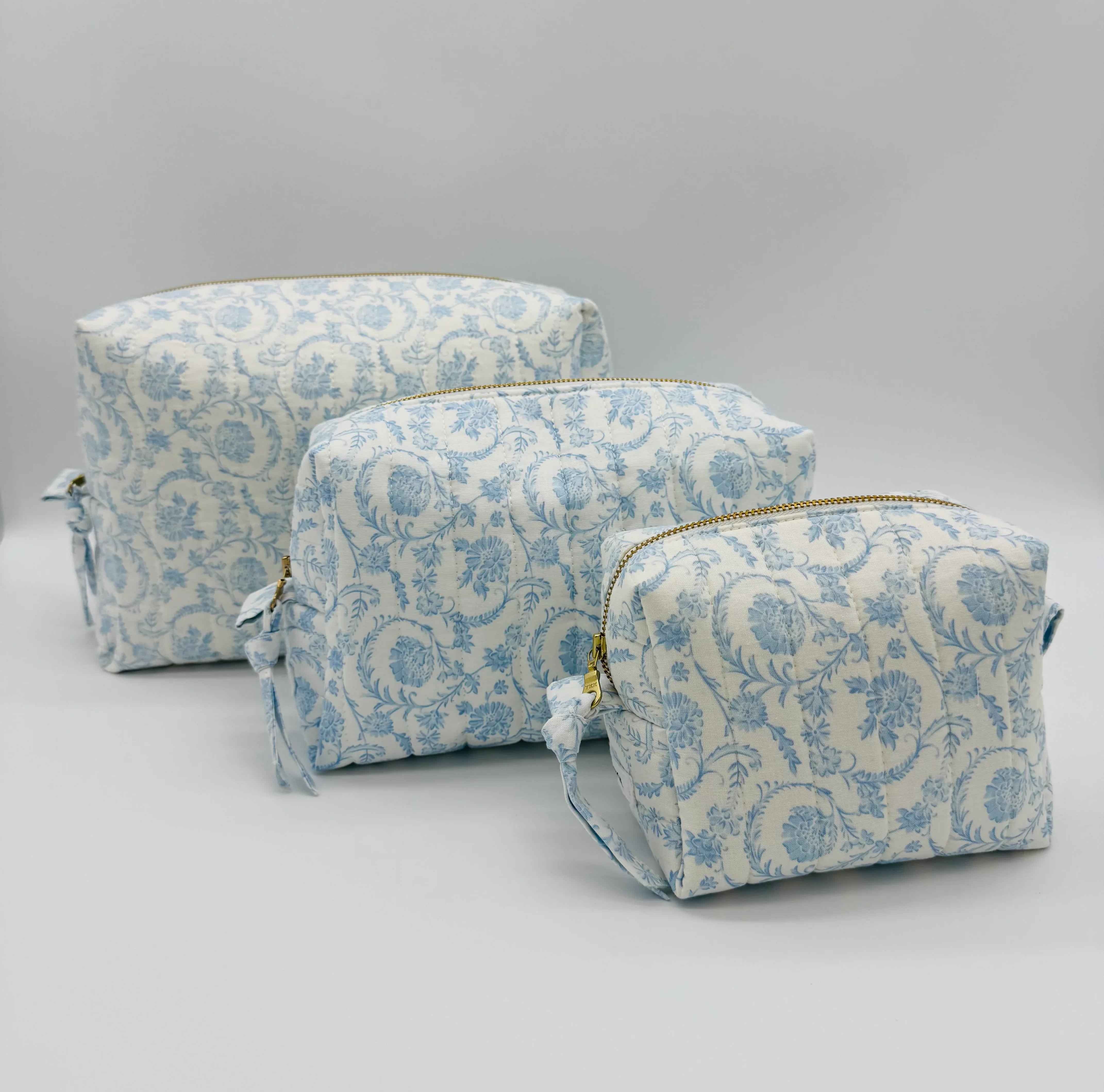 Handmade Blue Floral Makeup Bag - Unique Boxy Cosmetic Storage