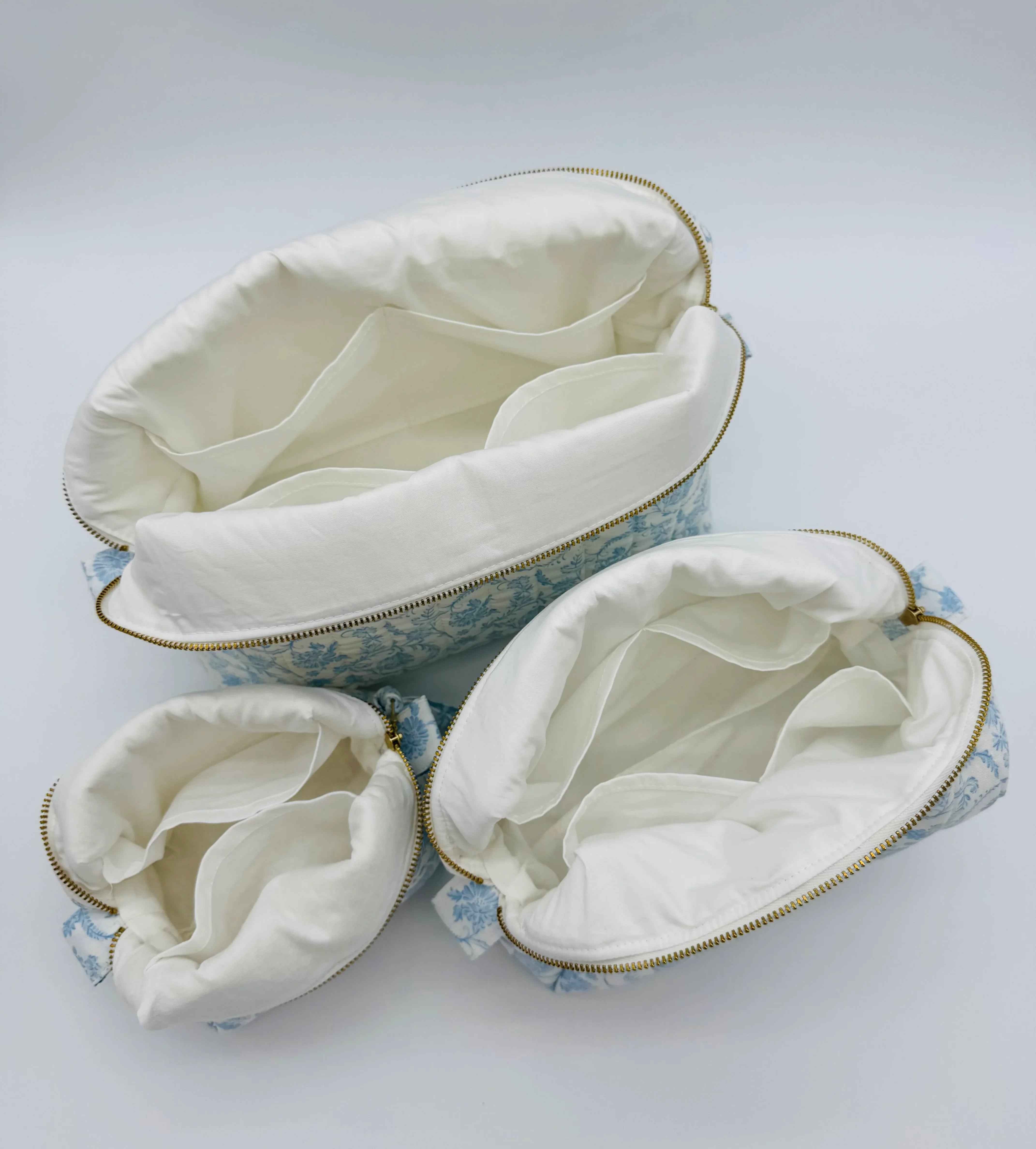 Handmade Blue Floral Makeup Bag - Unique Boxy Cosmetic Storage