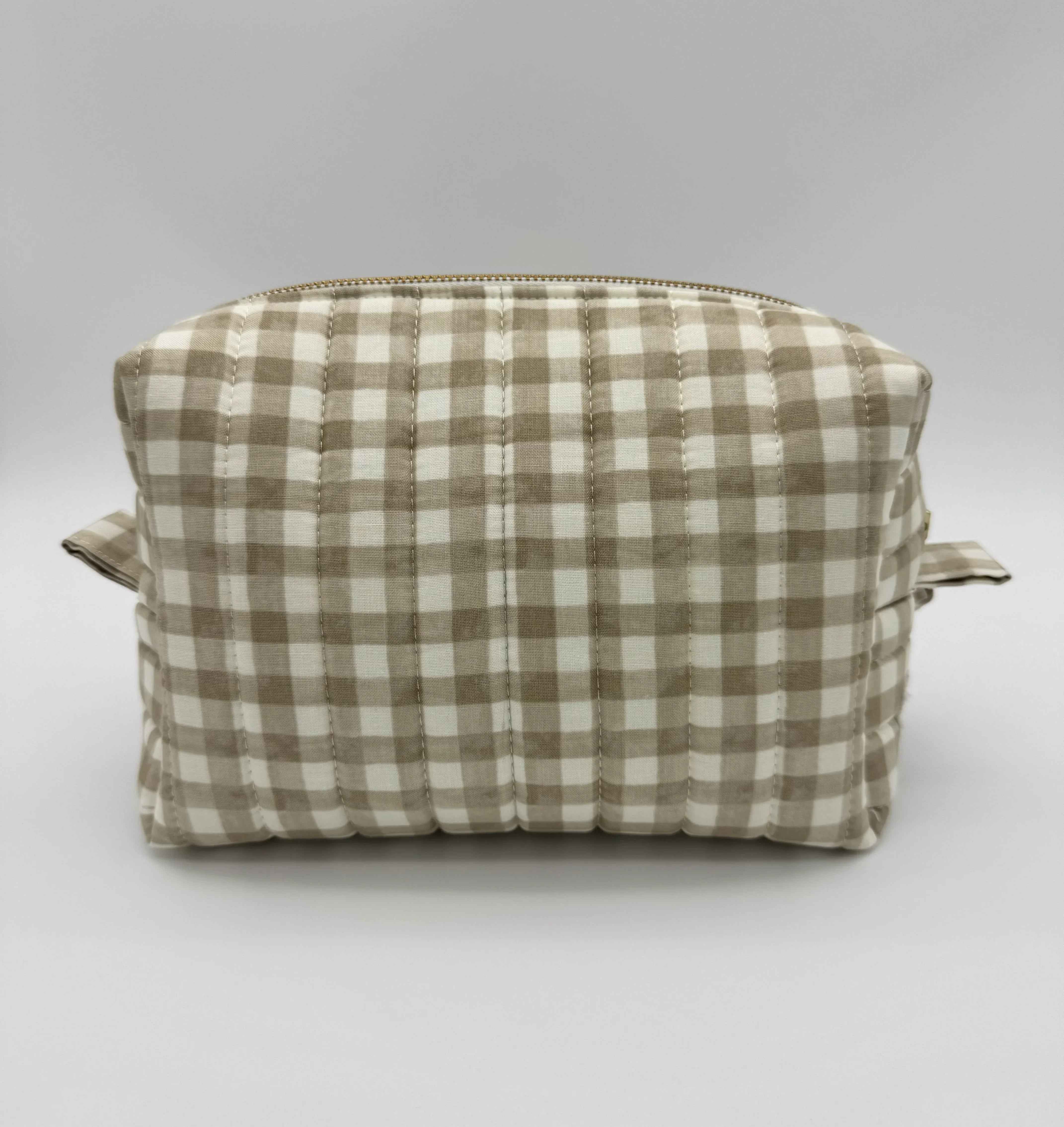 Handmade Gingham Makeup Bag - Boxy Makeup & Toiletry Bags in Brown & Cream Gingham Pattern
