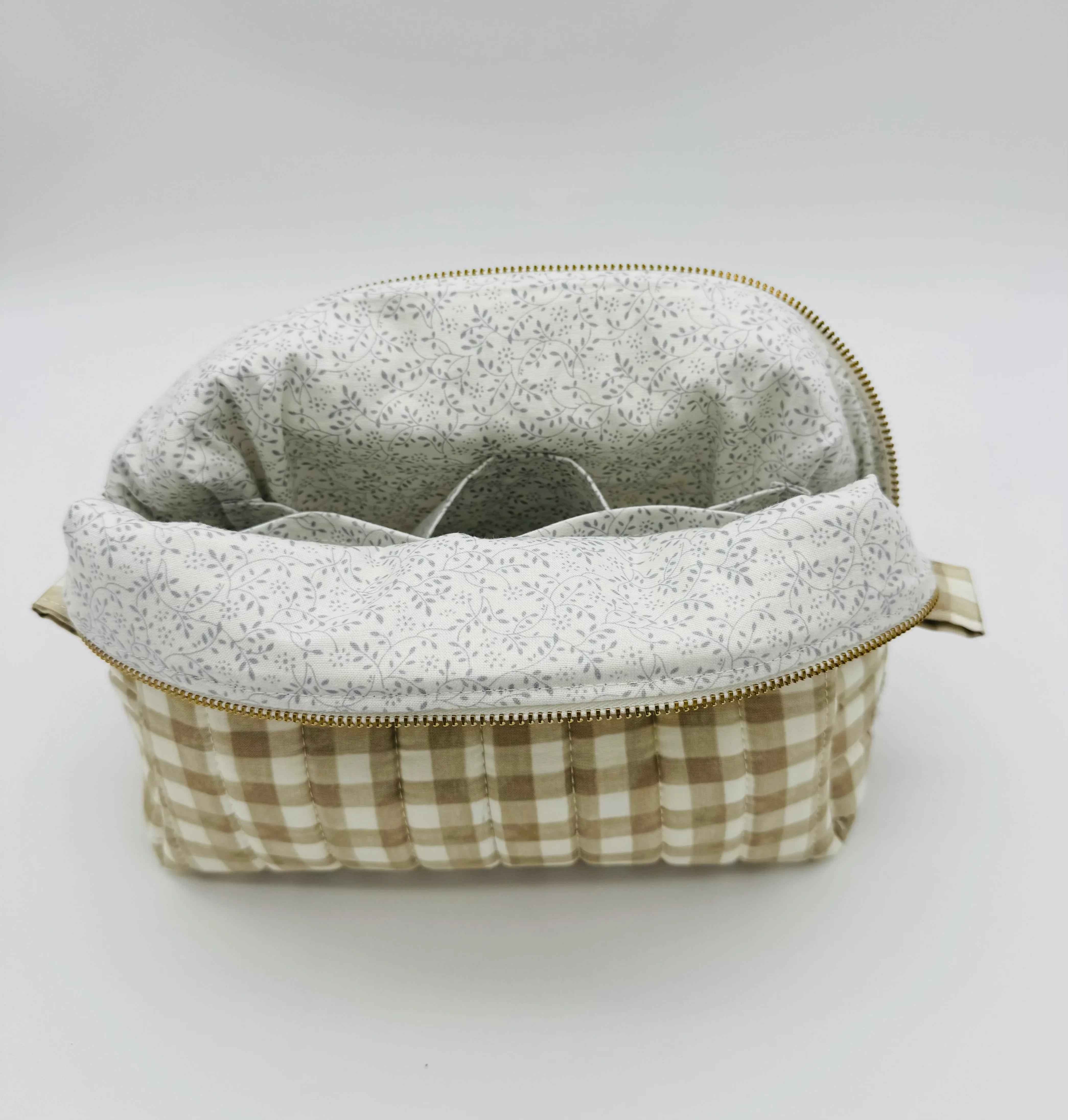 Handmade Gingham Makeup Bag - Boxy Makeup & Toiletry Bags in Brown & Cream Gingham Pattern