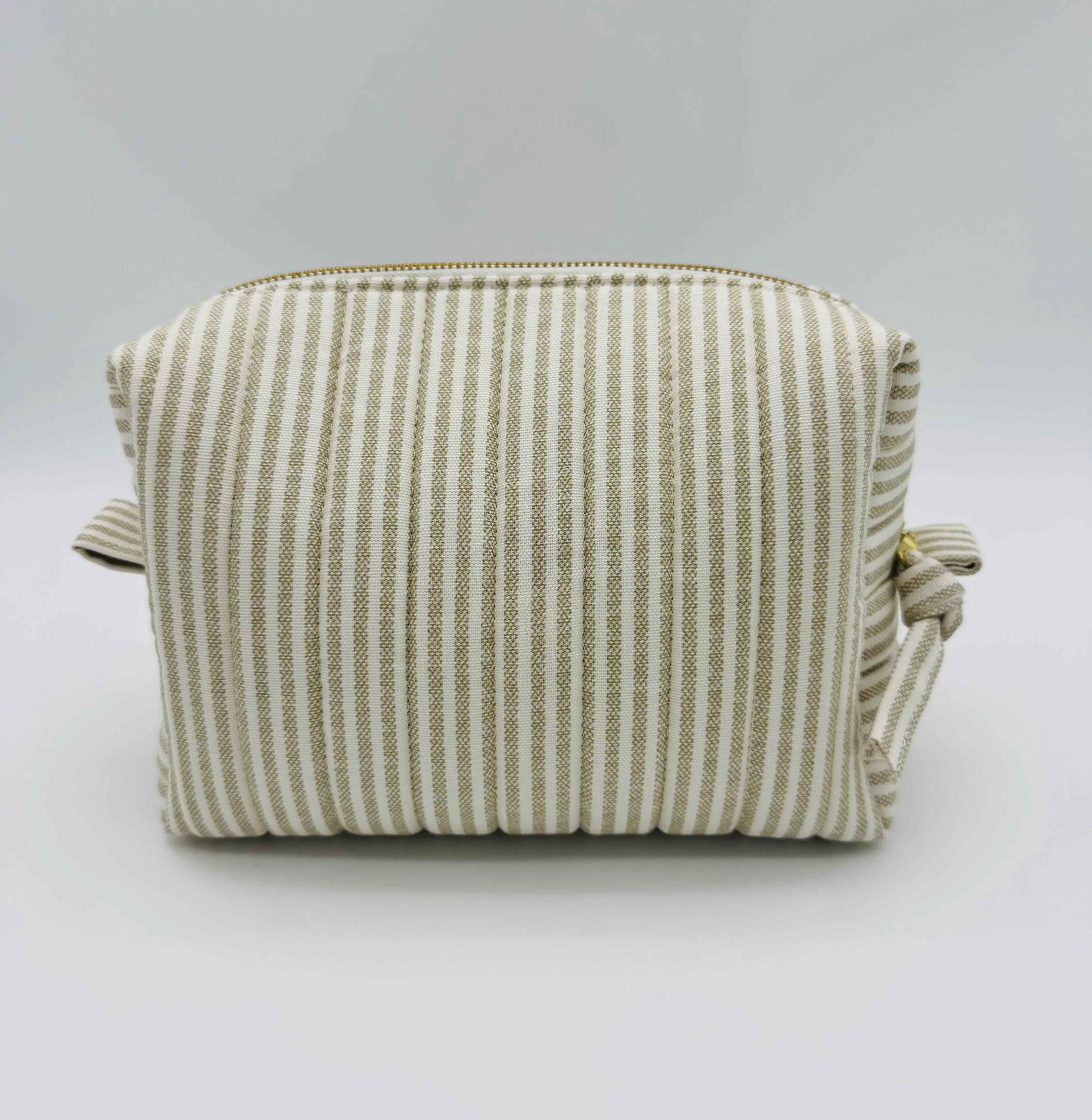 Handmade Makeup Bags - Boxy Toiletry & Makeup Bags in Taupe and Cream Ticking Stripe Pattern