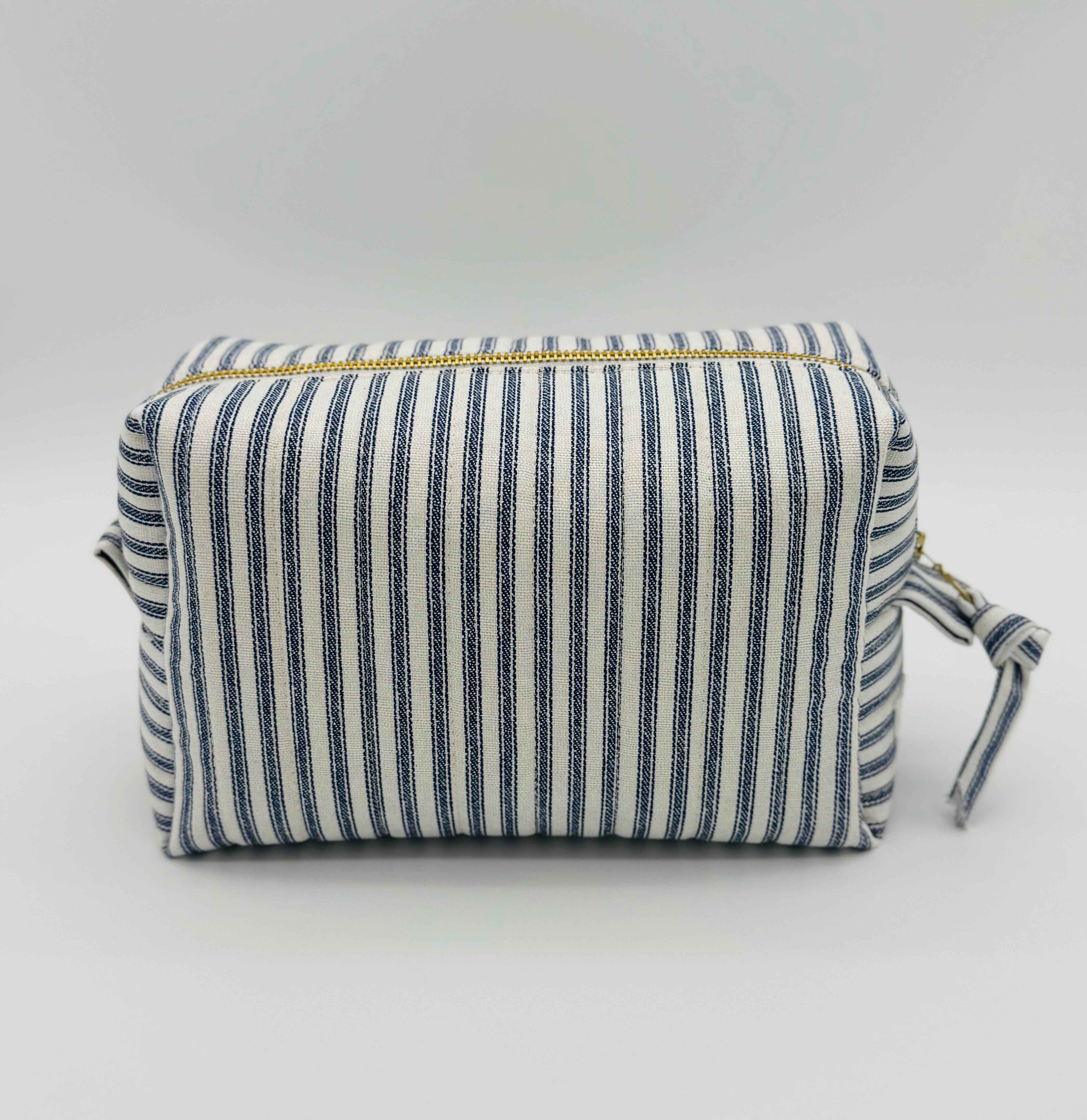 Handmade Boxy Makeup & Toiletry Bags - Navy and Cream Ticking Stripe Pattern