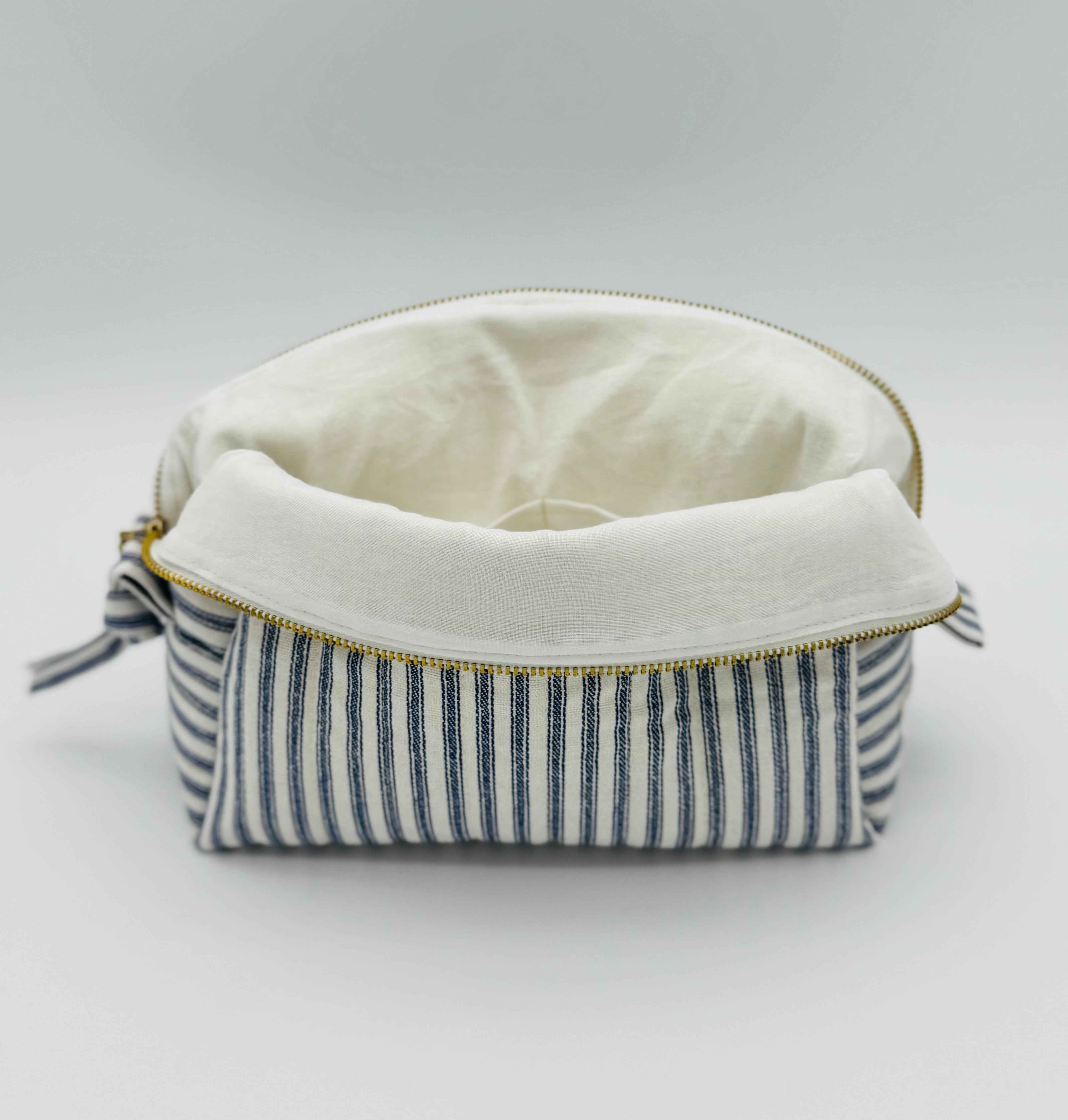 Handmade Boxy Makeup & Toiletry Bags - Navy and Cream Ticking Stripe Pattern