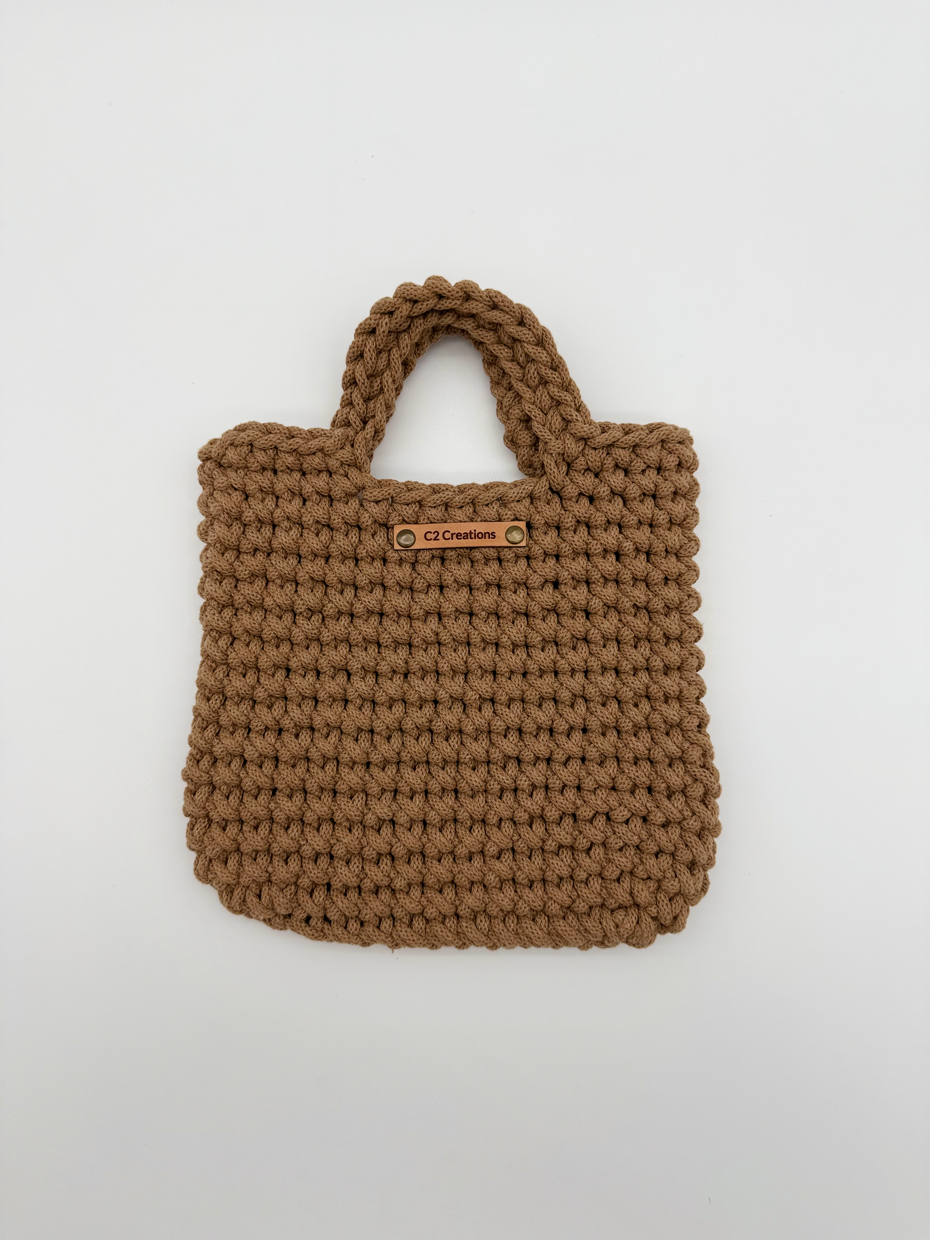 Mini Crochet Tote Bag - Handmade Cotton Yarn Tote in Taupe - C2 Creations LLC