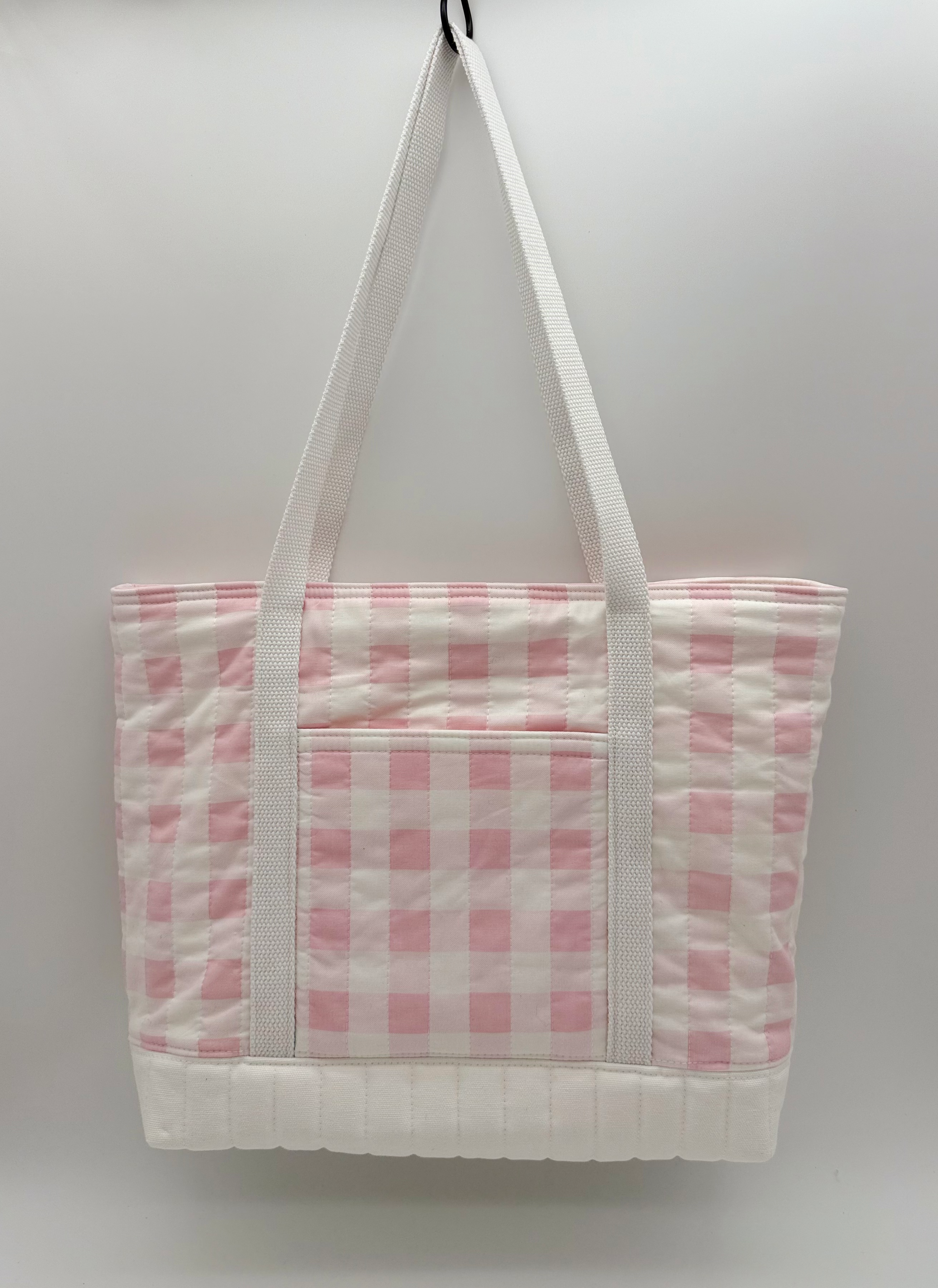 Pink gingham handmade tote bag back view