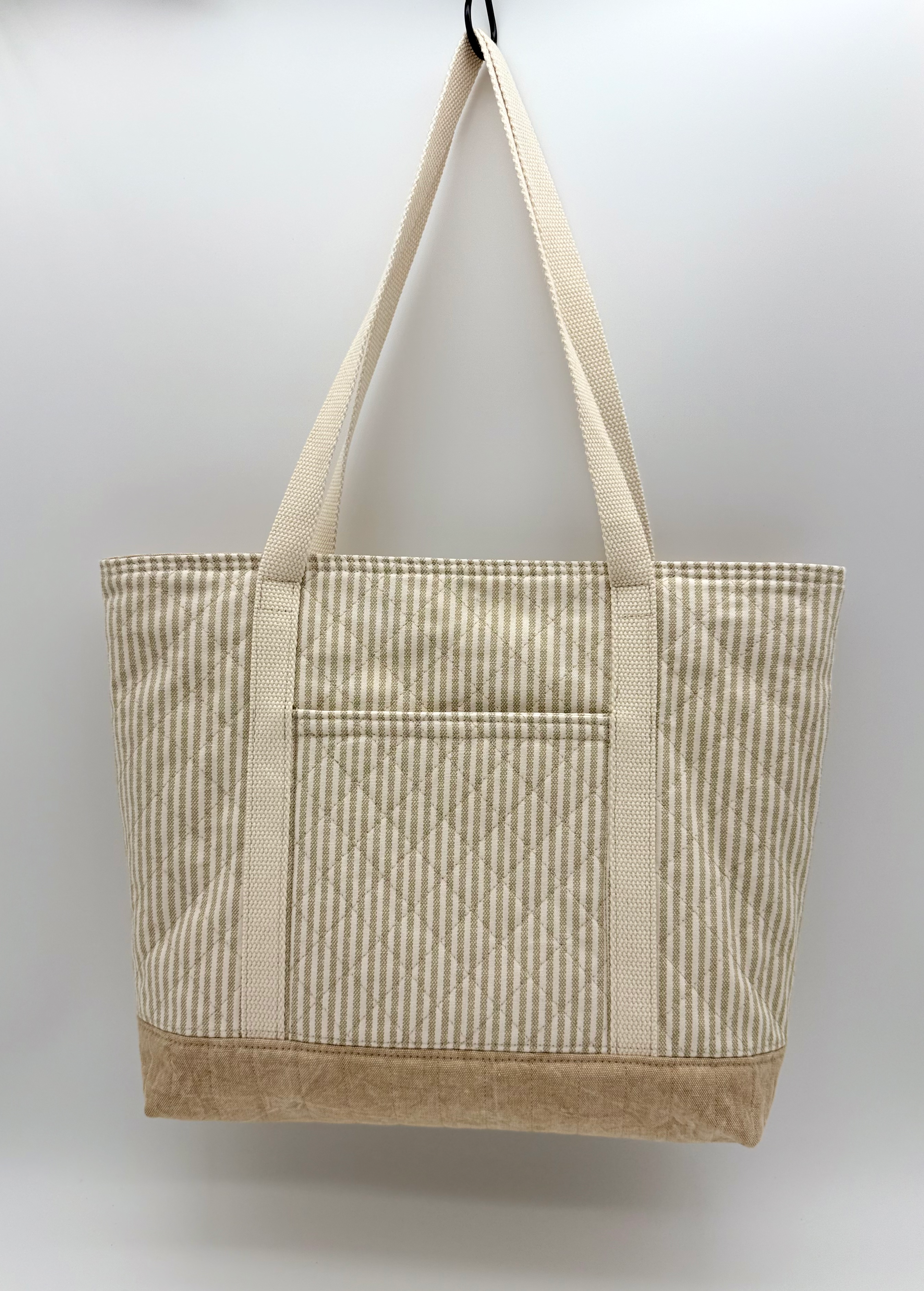 Taupe Stripe Quilted Tote Bag - Handmade Canvas Tote with Snap Closure - C2 Creations LLC