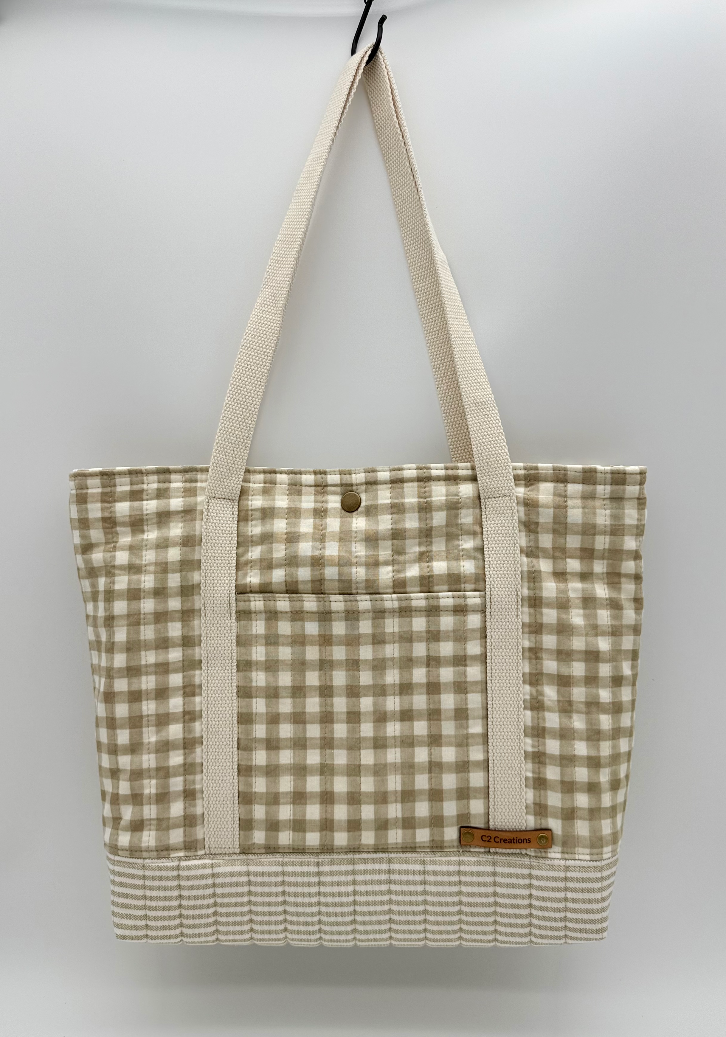 Handmade Gingham Tote Bag in Taupe & Cream with Quilted Bottom - C2 Creations LLC