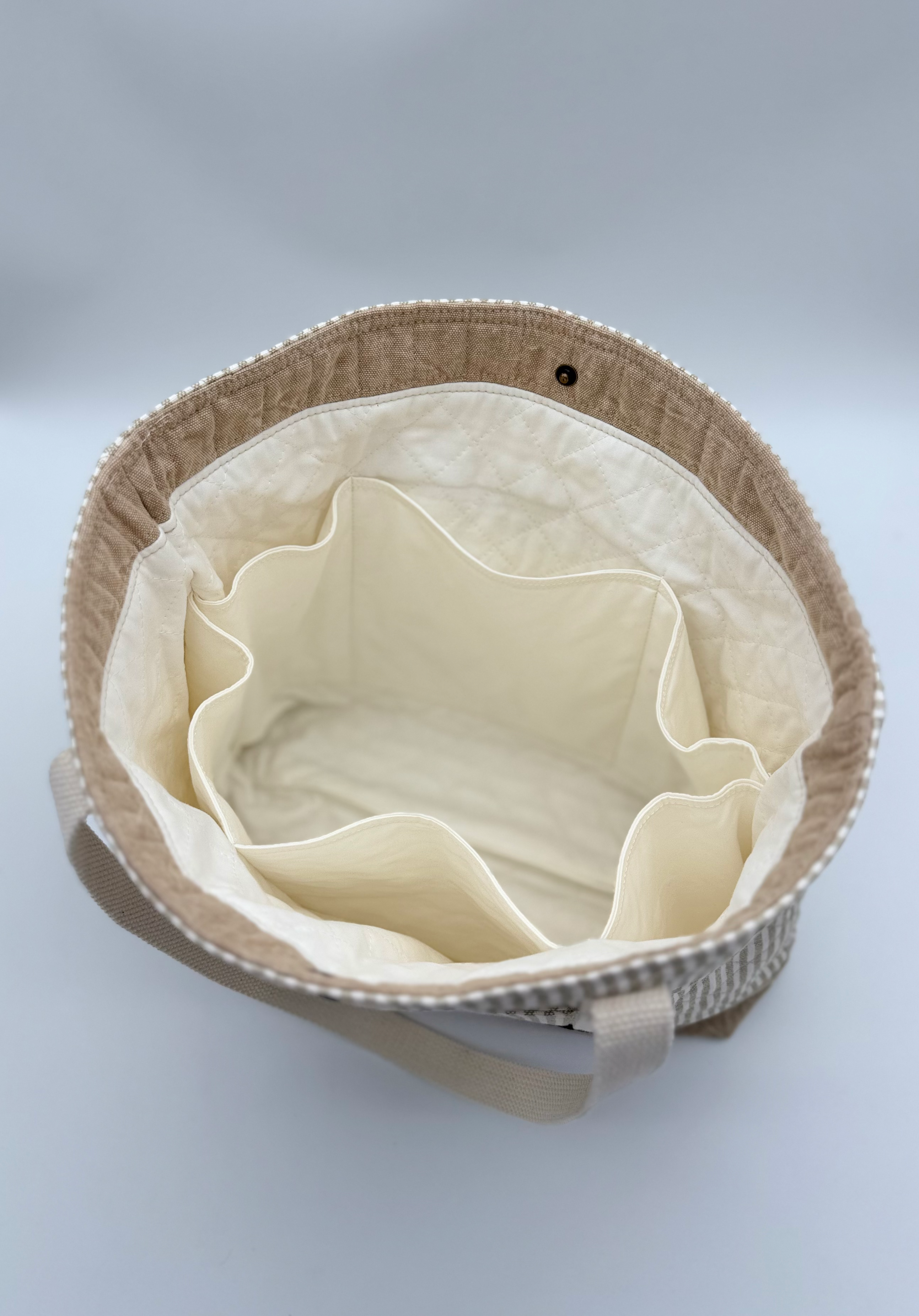 Taupe Stripe Quilted Tote Bag - Handmade Canvas Tote with Snap Closure - C2 Creations LLC