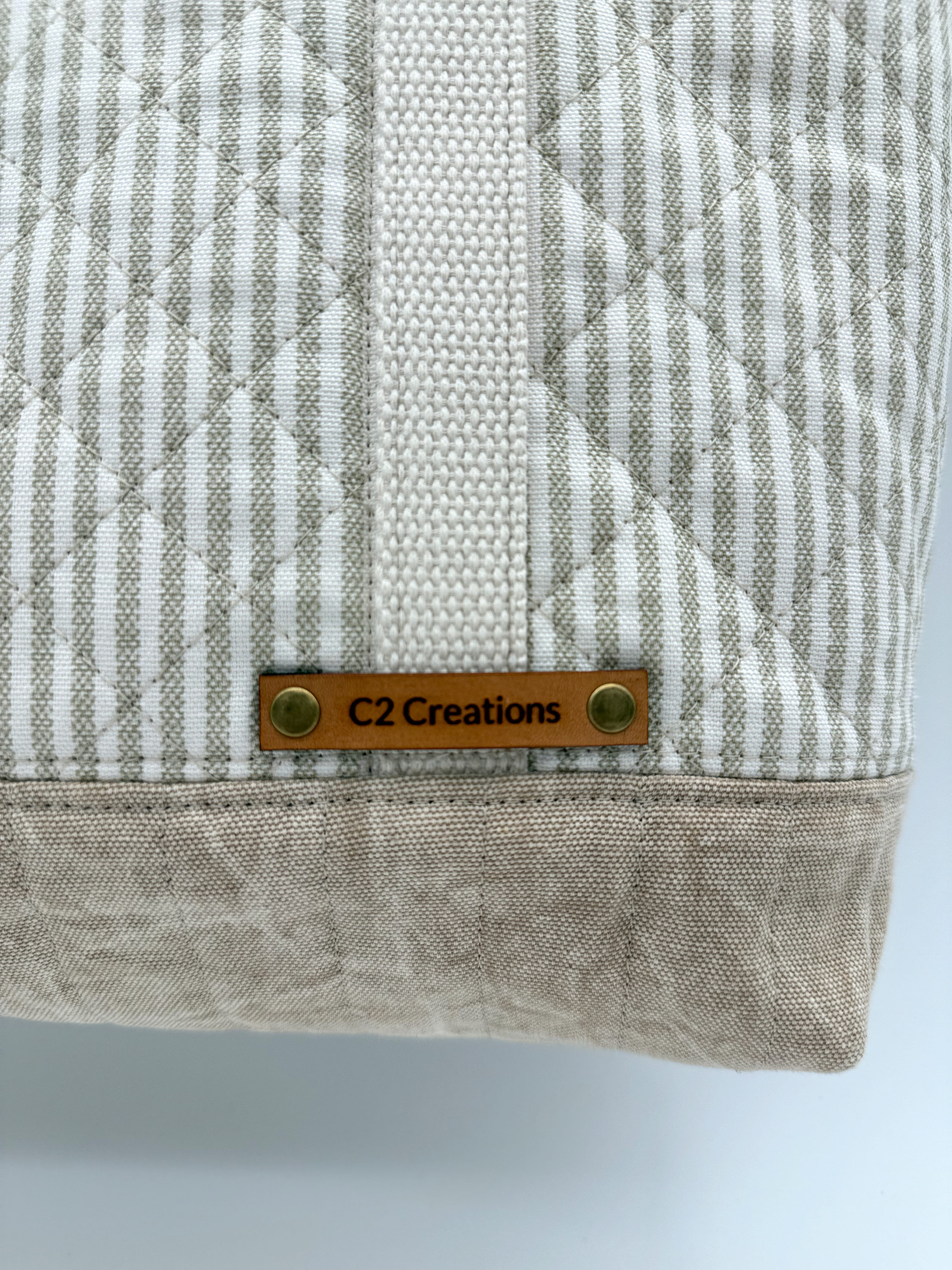 Taupe Stripe Quilted Tote Bag - Handmade Canvas Tote with Snap Closure - C2 Creations LLC