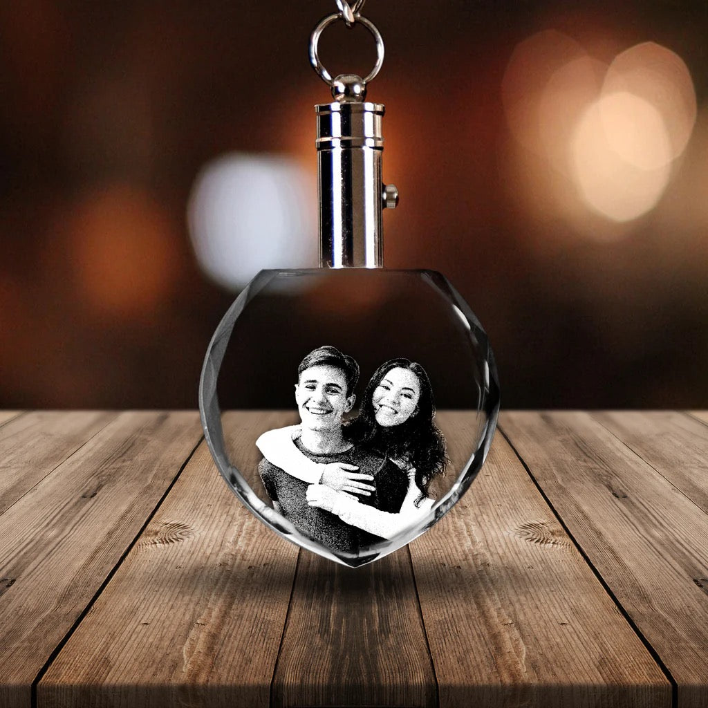 Custom 3D crystal photo keychain with engraved couple portrait